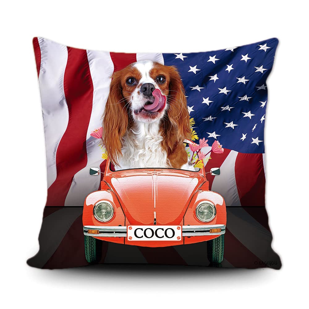 Custom American Flag Patriotic Dog Throw Pillow Cover - Cavalier King Charles Spaniel Driving Vintage Beetle Car - 4th of July Decor - Home Couch Cushion - 18x18 Inch Square Plush Pillowcase - Perfect for Independence Day, Patriotic Home Decor & Pet Lover Gifts