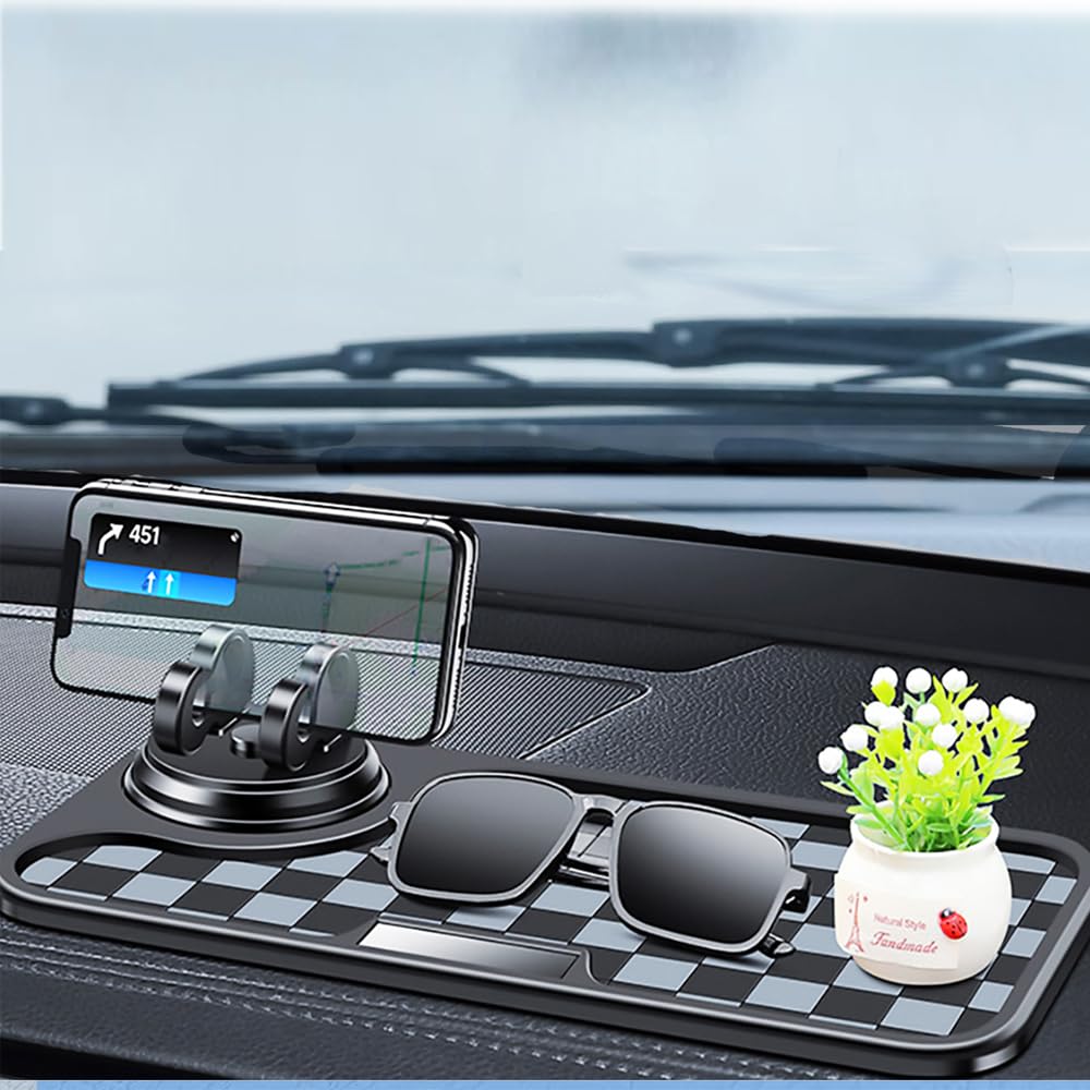 360° Rotating Anti-Slip Car Phone Holder & Dashboard Mat - Universal Smartphone Mount with Sticky Pad for iPhone, Samsung, Sunglasses, Keys - Perfect for Commuting, Road Trips & Daily Driving (Black & Gray Pattern)