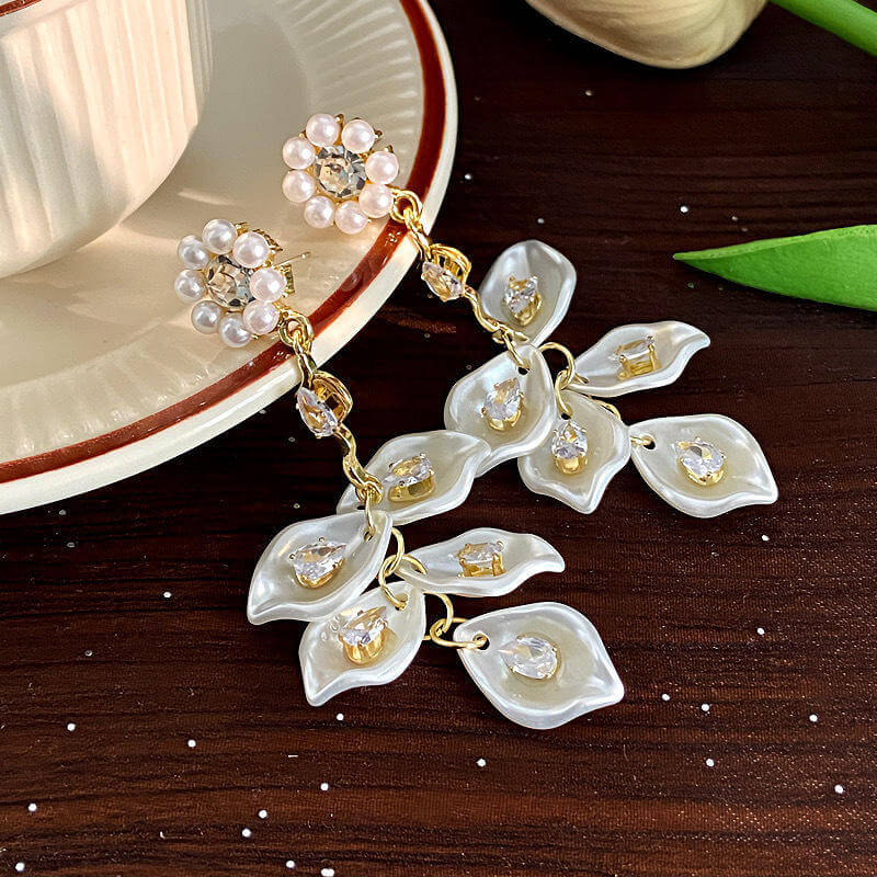 Pearl Petal Drop Earrings N2393 - Elegant Floral Dangle Earrings for Women, Perfect for Weddings, Parties & Special Occasions