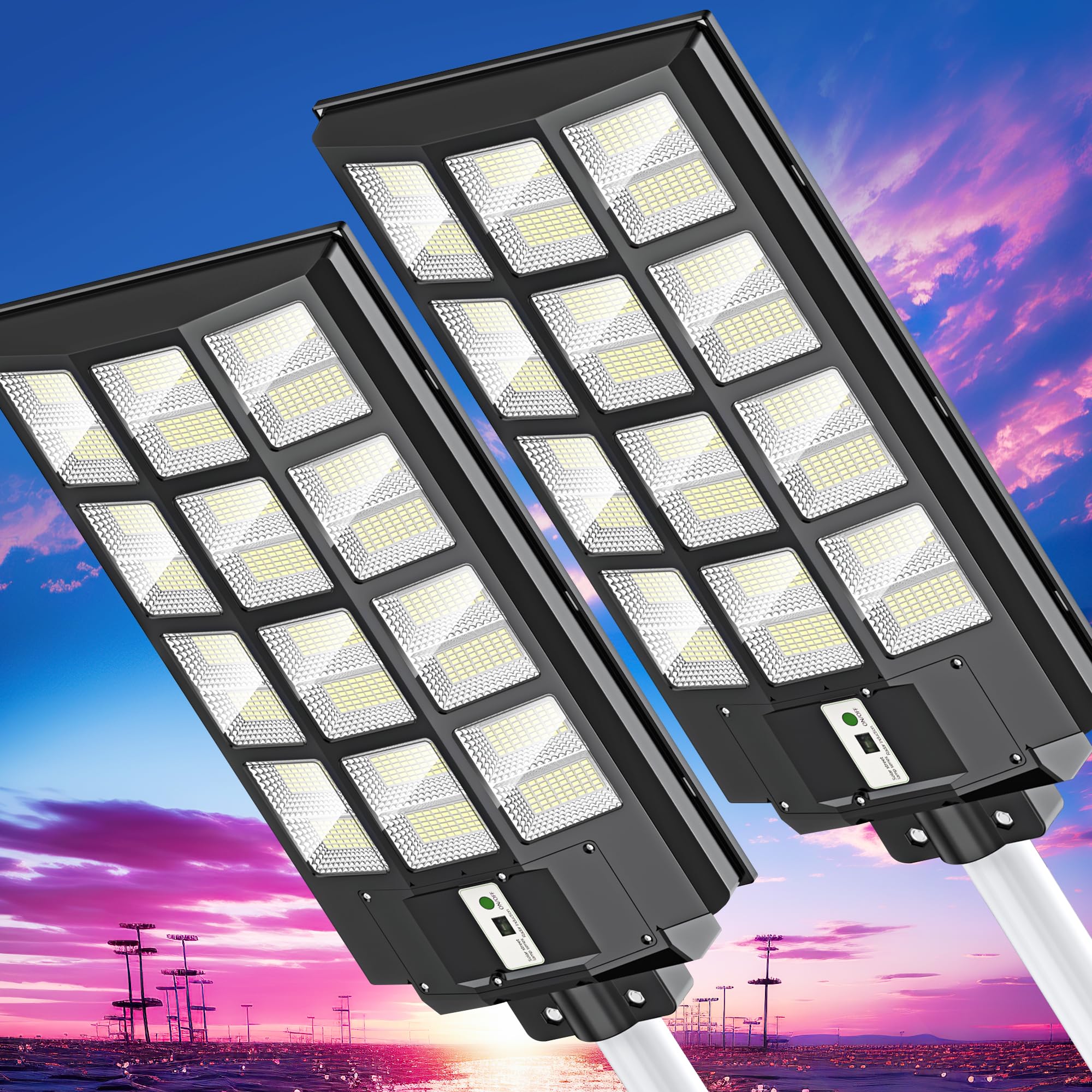 OKPRO 1200W Solar Street Lights Outdoor - 7000K LED Solar Parking Lot Lights with Motion Sensor, Dusk to Dawn, IP66 Waterproof, Commercial Grade (2 Pack) - Perfect for Driveways, Pathways, and Large Outdoor Areas
