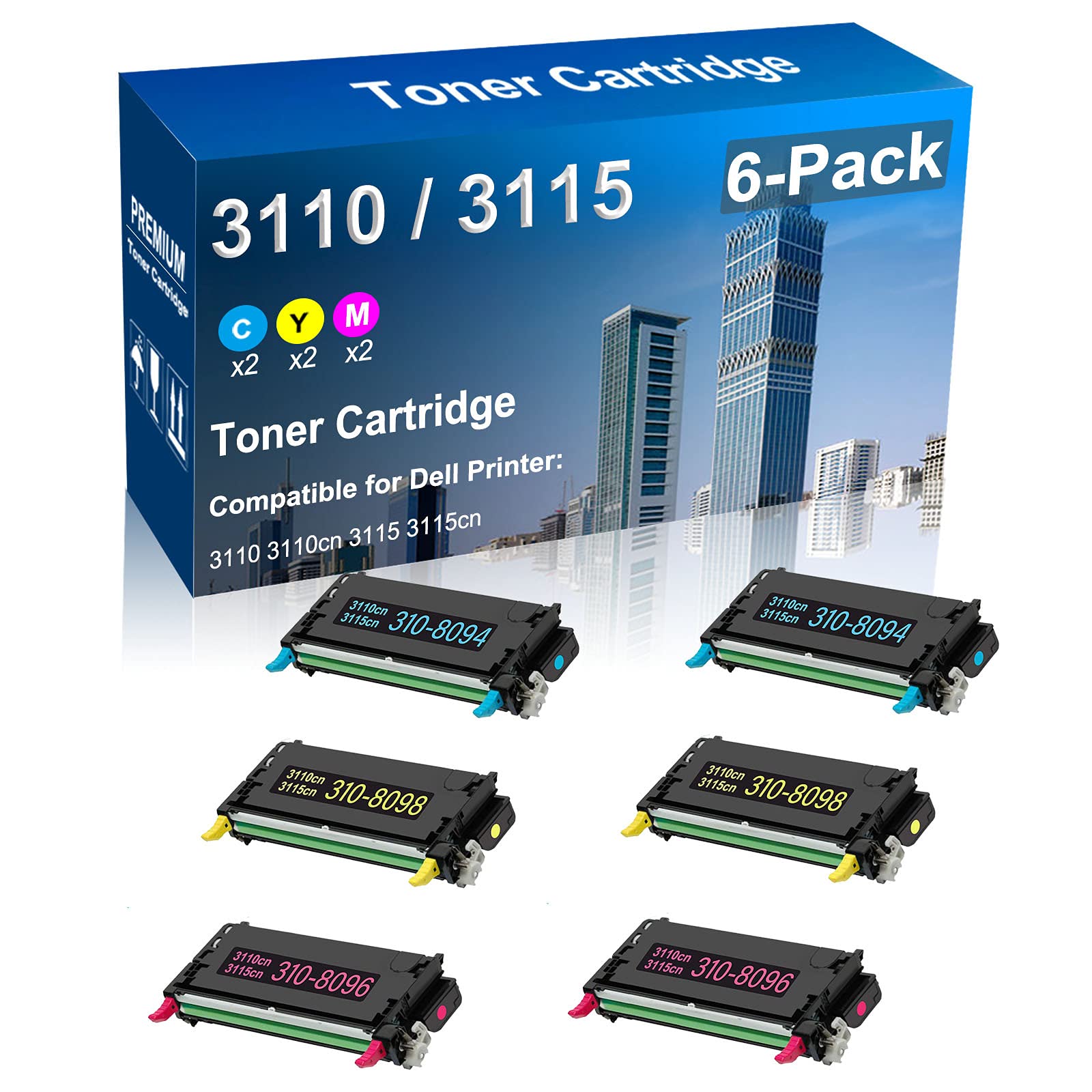 6-Pack (2C+2Y+2M) High-Yield Replacement Toner Cartridge for Dell 310-8094 XG722, 310-8098 NF556, 310-8096 XG724 - Compatible with Dell 3110, 3110cn, 3115, 3115cn Laser Printers - Perfect for Office & Home Printing Needs