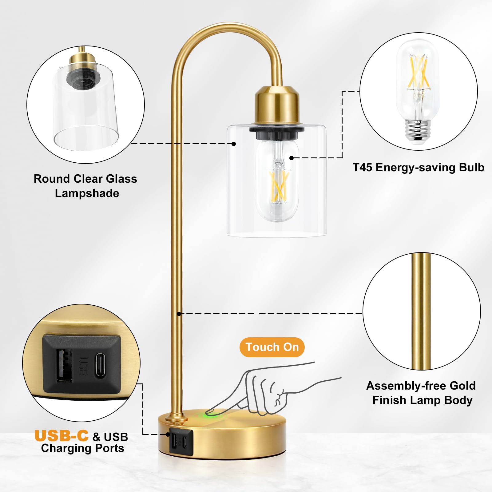 Premium Industrial Gold Table Lamps Set of 2 - 3-Way Dimmable Touch Control LED Desk Lamps with USB-C & USB-A Charging Ports, Modern Glass Shade Nightstand Lamps for Bedroom, Living Room, Office - Includes Energy Efficient LED Bulbs (Perfect for Reading, Working & Ambient Lighting)