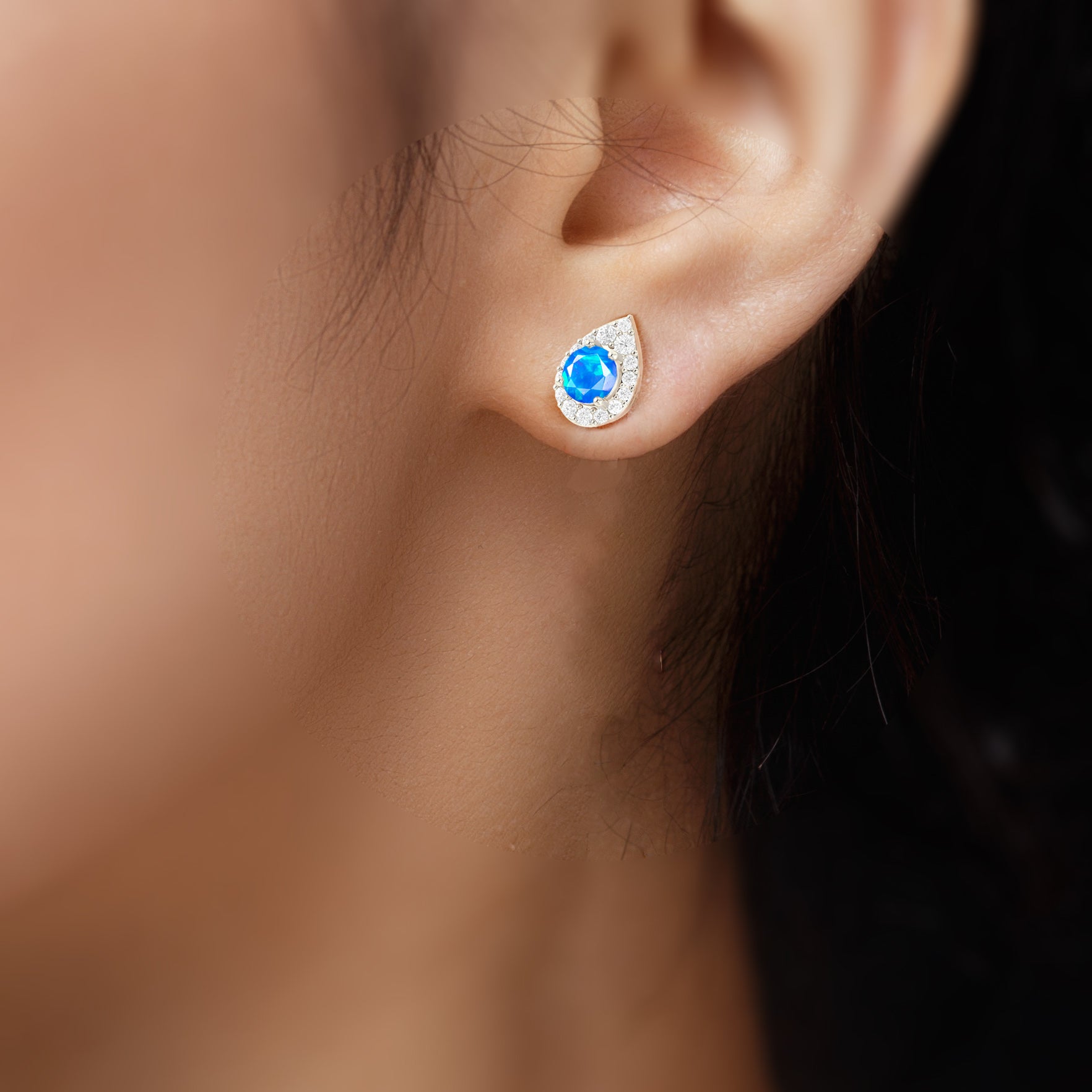 4MM Round Natural Blue Opal Halo Stud Earrings with Push Back - Elegant Jewelry for Women, Perfect for Weddings, Parties & Everyday Wear