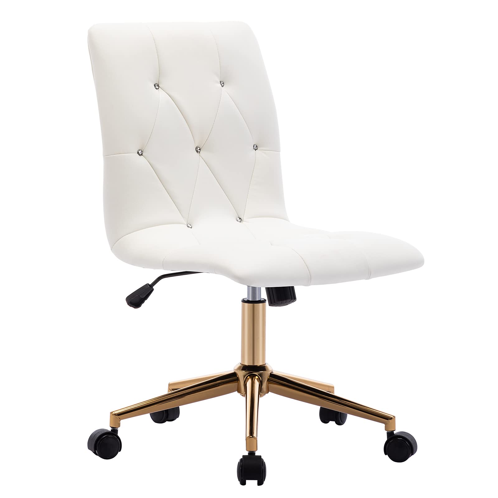 DUHOME Modern Home Office Chair - White PU Leather Desk Chair with Gold Base, Ergonomic Computer Task Chair with Wheels for Rolling Comfort, Armless Vanity Chair for Teens - Perfect for Study, Work, and Gaming Setup