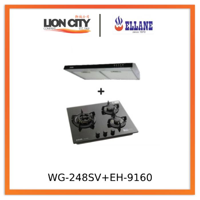 Ellane 60cm/90cm Slimline Hood with Black Panel EH 9160 & WG 248SV 3 Burner Glass Hob - Modern Kitchen Ventilation for Home Cooking & Grilling