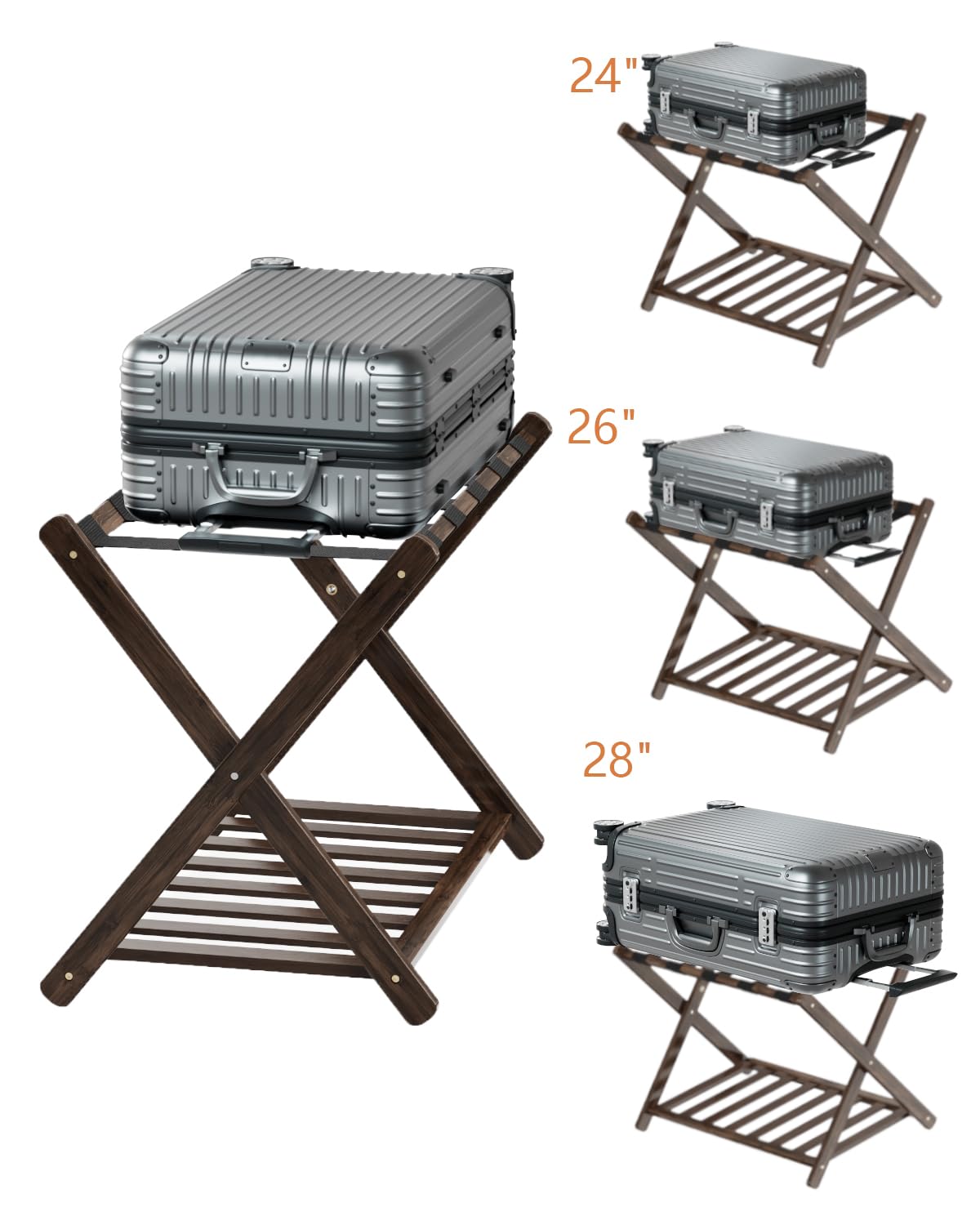 Foldable Bamboo Luggage Rack with Storage Shelf - 5 Nylon Straps for Secure Holding - Space-Saving Suitcase Stand for Guest Rooms, Bedrooms & Hotels - Perfect for Travel Storage & Home Organization (Brown)