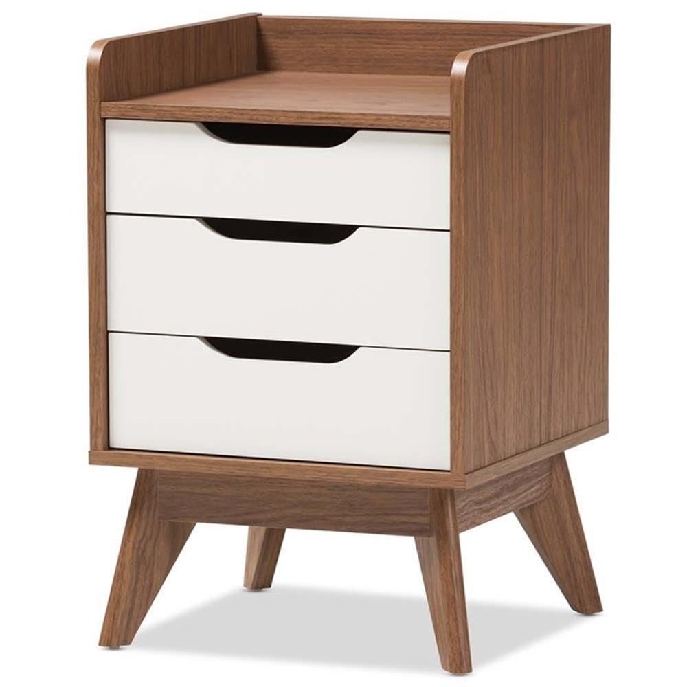 BOWERY HILL Modern 3-Drawer Nightstand - White & Walnut Finish Bedside Table for Bedroom, Living Room, or Guest Room - Compact Storage Solution with Smooth Gliding Drawers