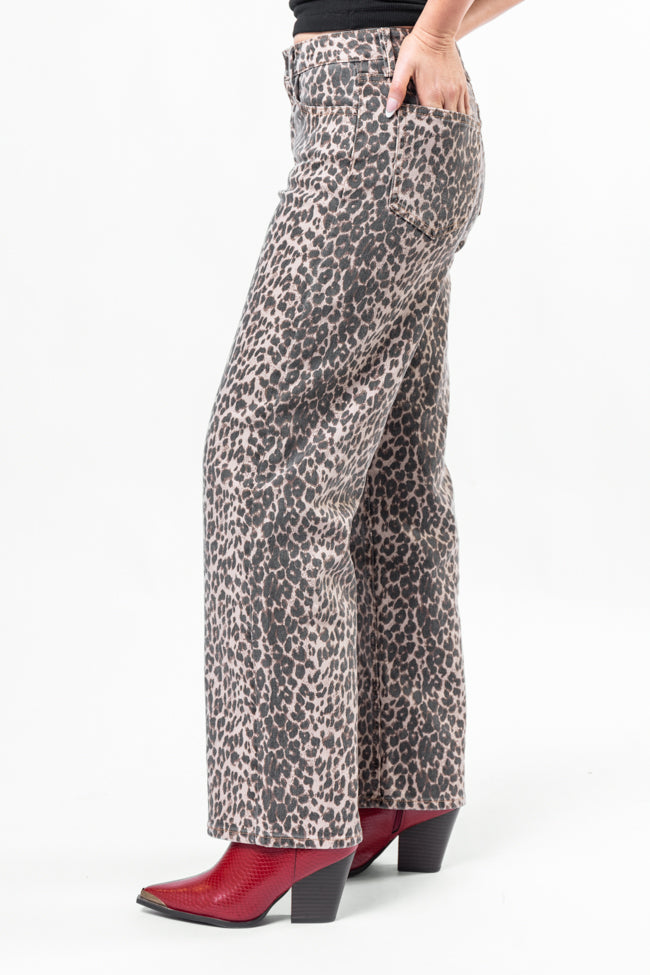 Primal Instincts Women's Wide Leg Leopard Print Jeans - High Waisted Stretchy Denim Pants for Casual Outfits & Streetwear Fashion