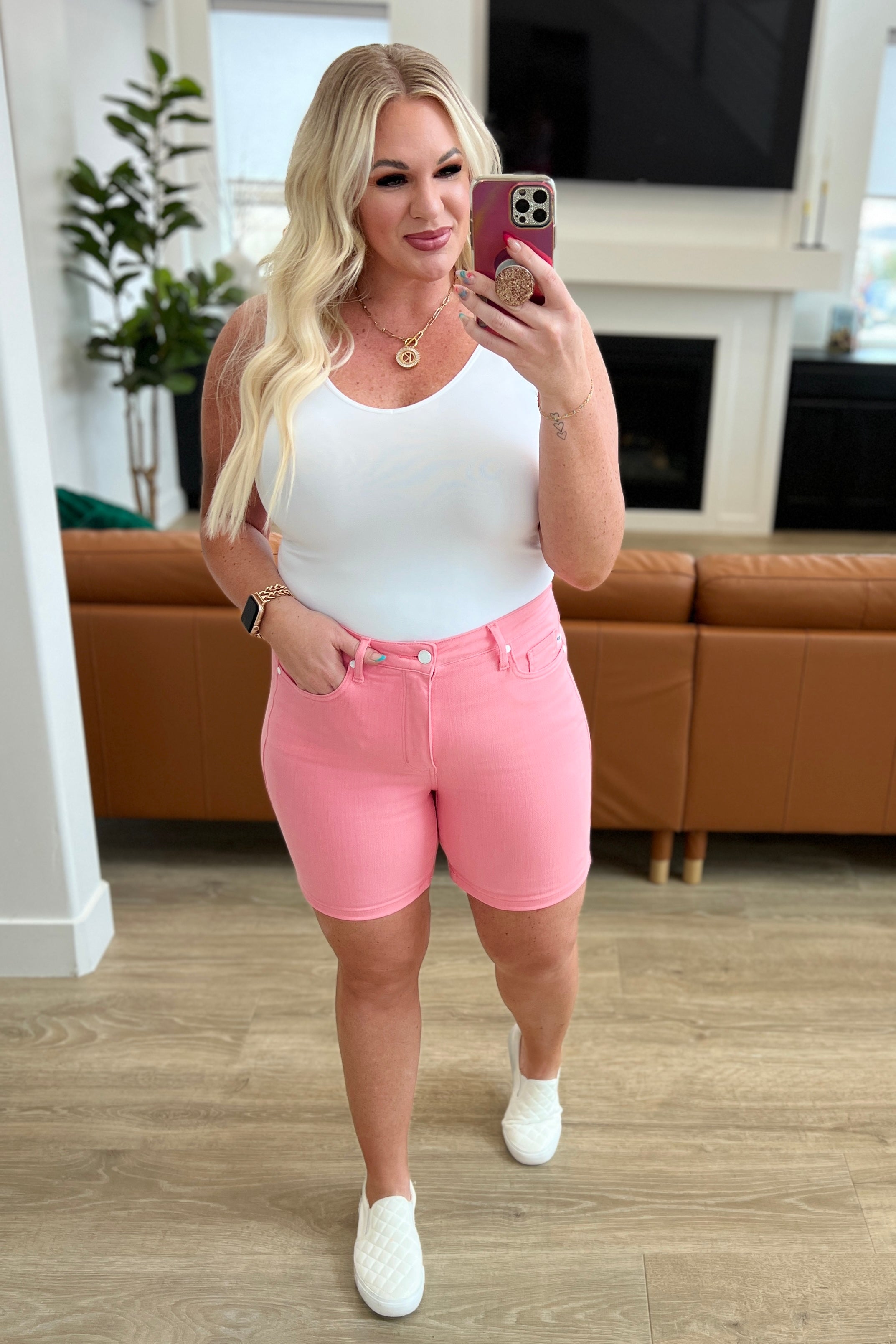 Judy Blue Pink Jenna High Rise Control Top Cuffed Shorts for Women - Comfortable Stretch Denim Shorts with Tummy Control - Perfect for Summer, Casual Outfits & Beach Vacations