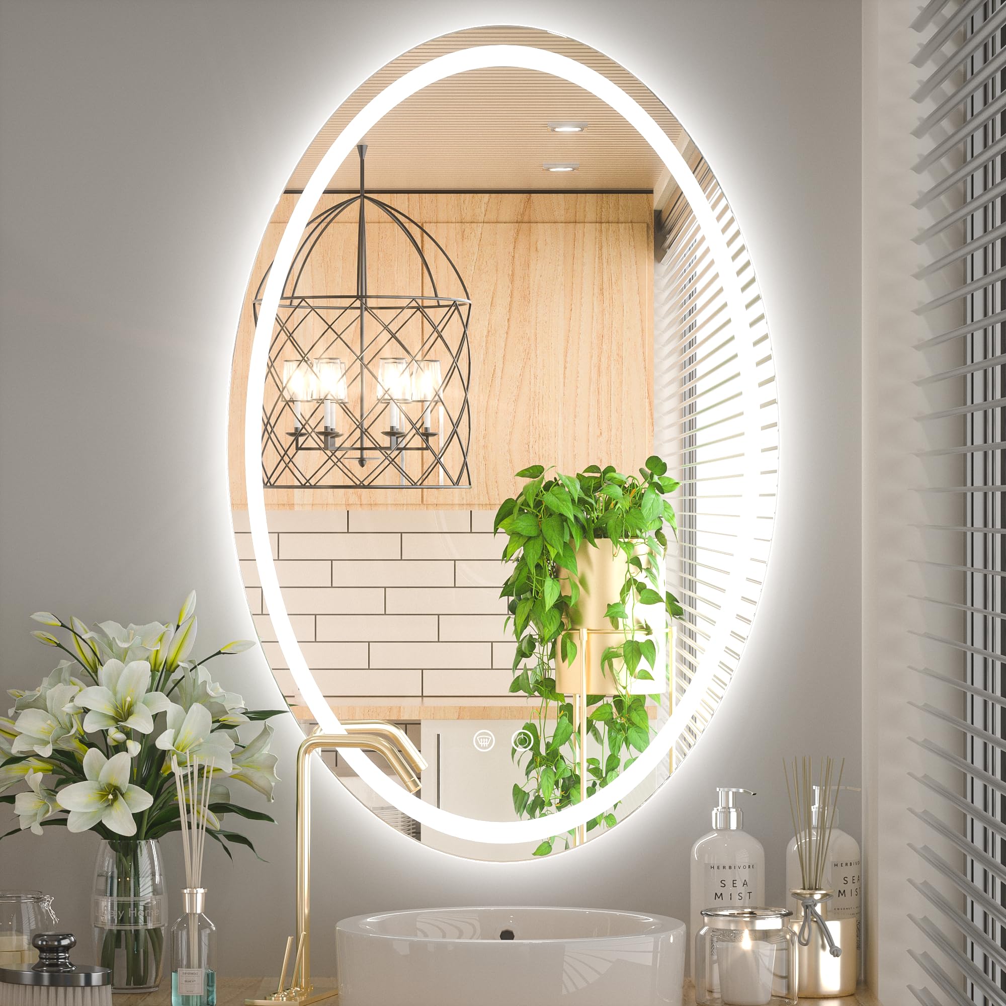 Keonjinn 24 x 36 Inch LED Bathroom Mirror with Anti-Fog & Dimmable Front Lighting - Shatter-Proof Oval Vanity Mirror with Memory Function (CRI 90+) - Perfect for Modern Bathrooms, Makeup Areas & Dressing Rooms