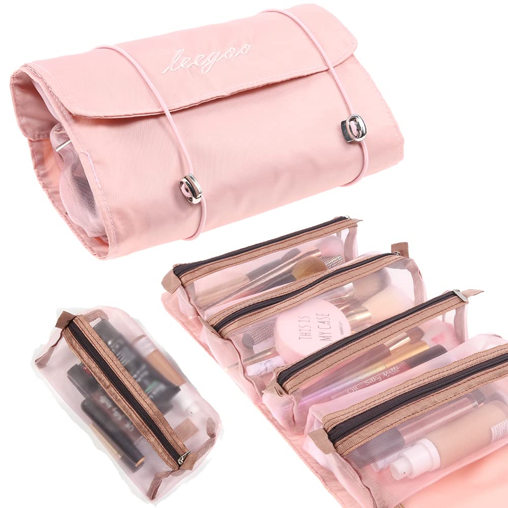 Waterproof Roll Up Travel Toiletry Bag - 4-in-1 Detachable Cosmetic Organizer with Brush Holders & Removable Storage Pouches - Perfect for Makeup, Skincare & Travel Essentials Organization