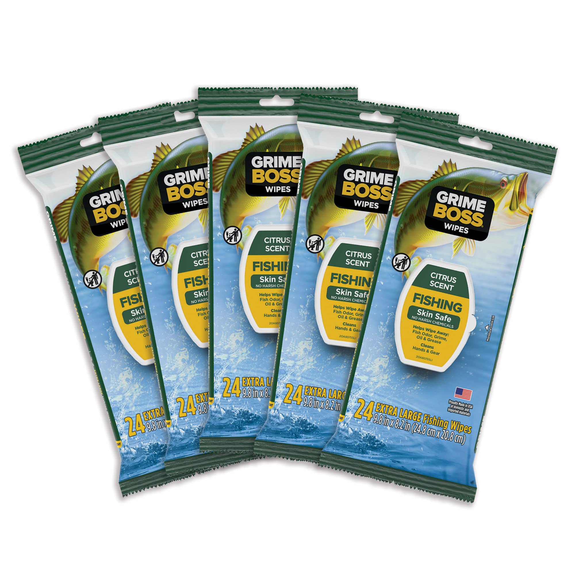 Grime Boss Fishing Wipes (5 Packs of 24 Count) - Heavy Duty Hand & Gear Cleaning Wipes for Anglers - Removes Dirt, Oil & Fish Odor from Hands, Rods, Reels & Tackle Boxes - Perfect for Freshwater & Saltwater Fishing Trips