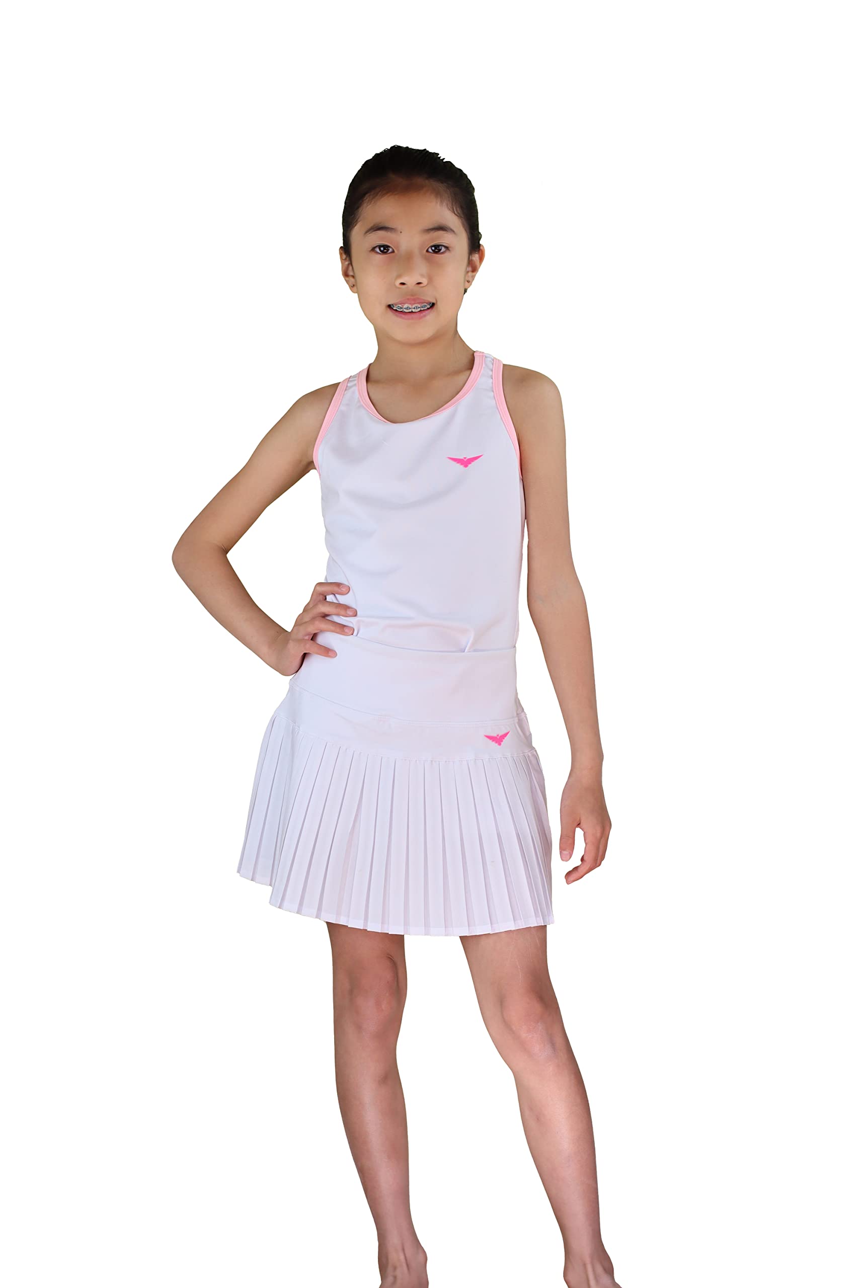 **Pink Pleated Tennis Skirt & White Tank Top Set for Girls - Cute Tennis & Golf Outfit - Perfect for Sports, School, and Casual Wear**