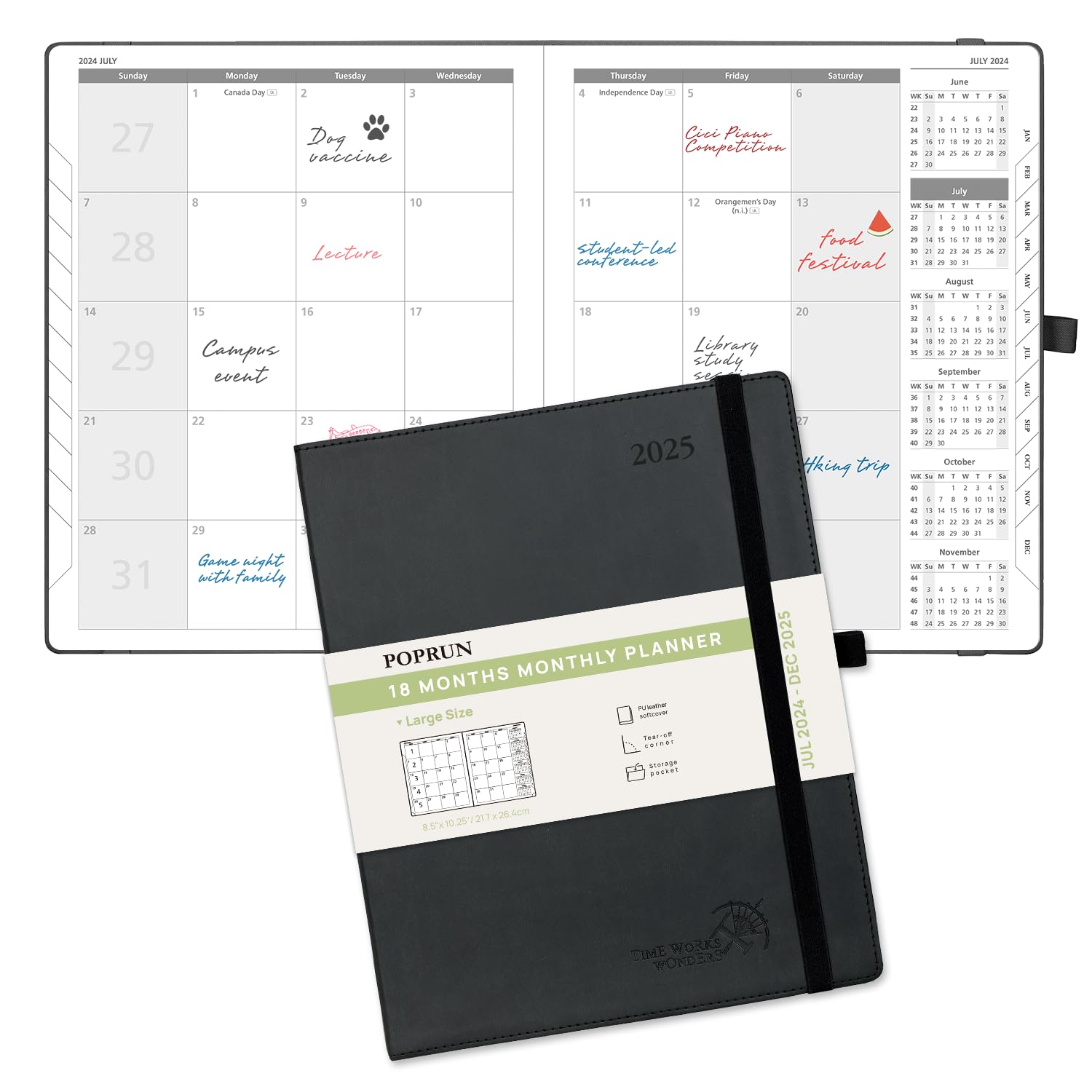 POPRUN 2024-2025 Monthly Planner - 18-Month Calendar Book (July 2024-December 2025) with Monthly Tabs & Pocket, 8.5