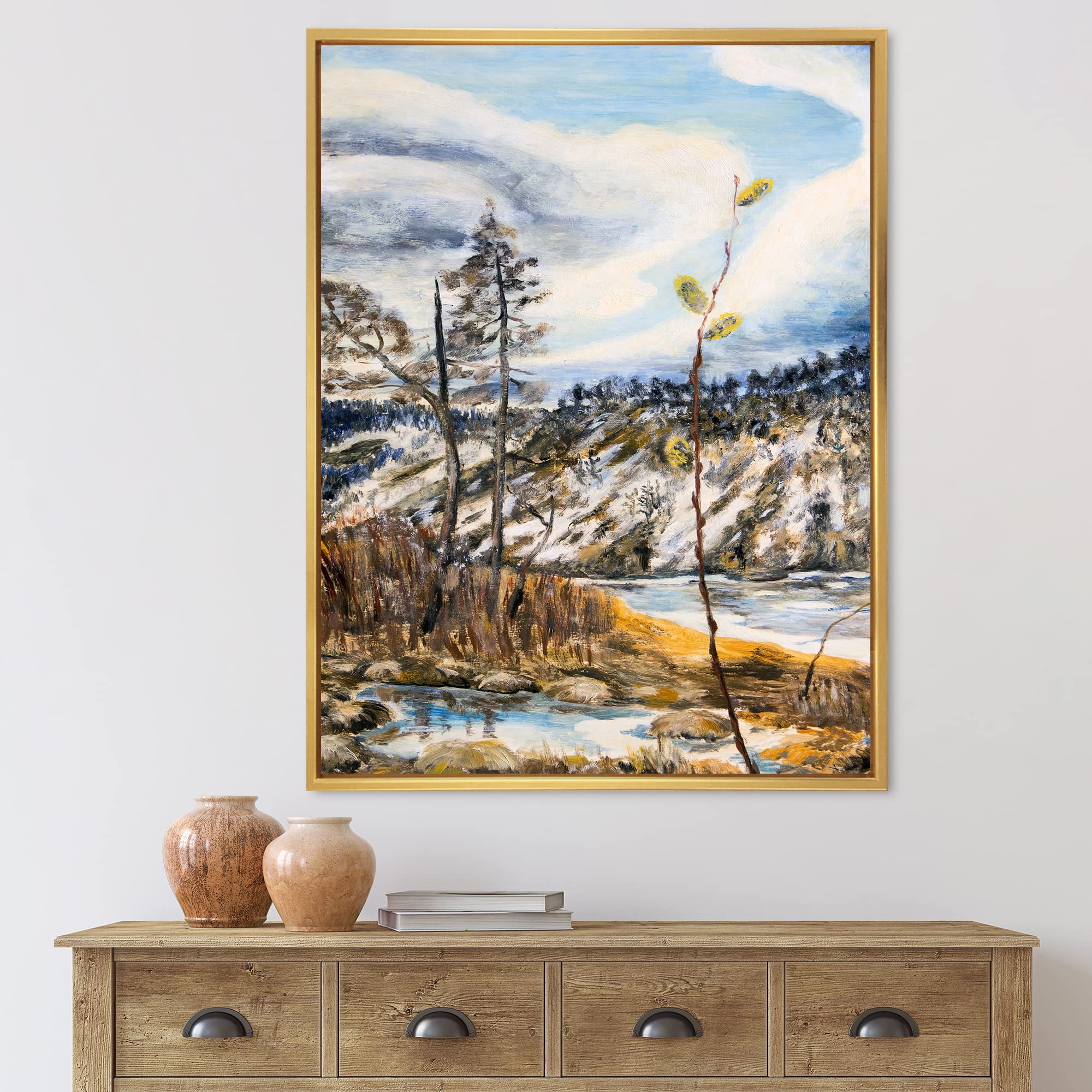 Spring Landscape with Cloudy Sky and River - Lake House Framed Canvas Wall Art Print for Living Room, Bedroom & Office Decor