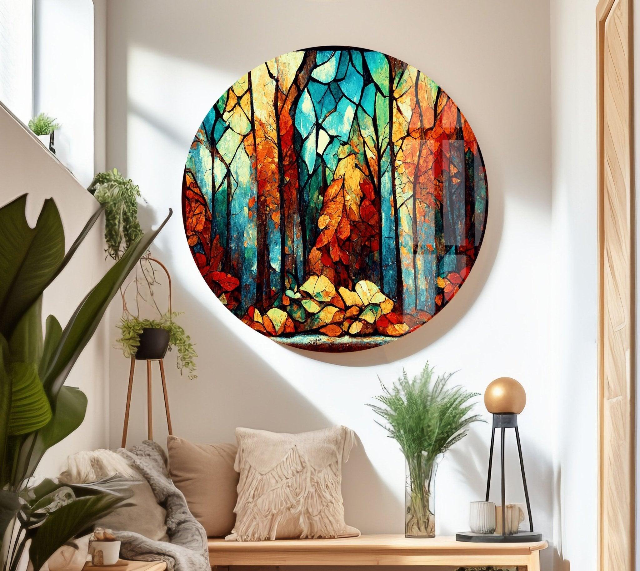 Autumn Forest Stained Glass Wall Art - Handmade Nature Inspired Window Hanging Decor for Living Room, Bedroom & Office - Perfect for Home Decor, Gifts & Meditation Spaces