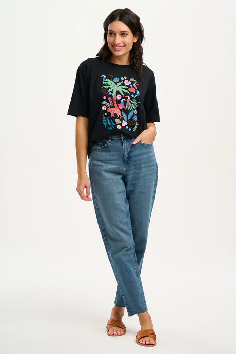 Kinsley Relaxed T-Shirt for Women - Soft Cotton Casual Tee with Tigers & Toucans Print (Black) - Perfect for Everyday Wear, Weekend Outings & Summer Vacation