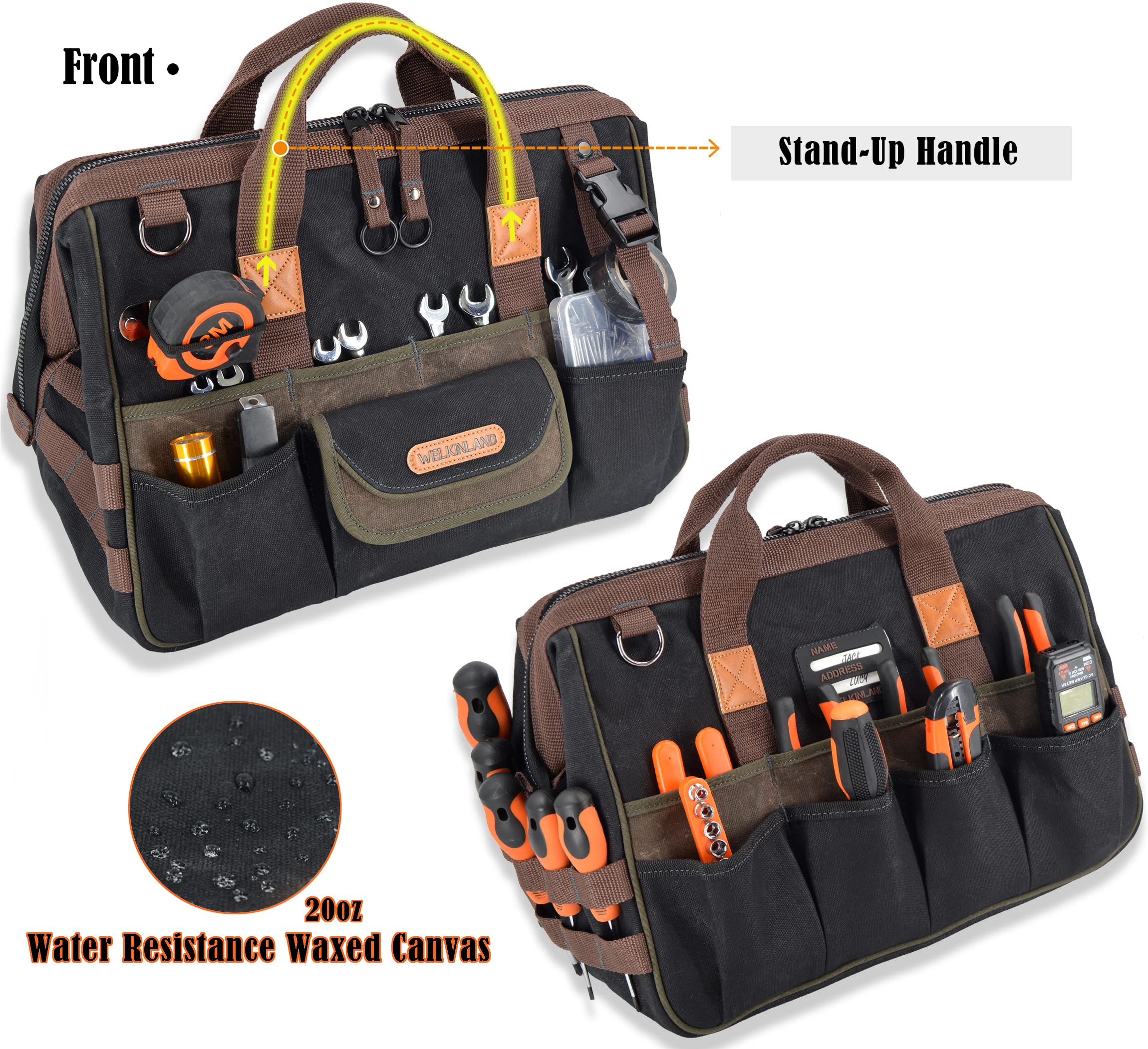 WELKINLAND 32-Pocket Heavy Duty Waxed Canvas Tool Bag - Electrician & HVAC Tools Organizer with 16