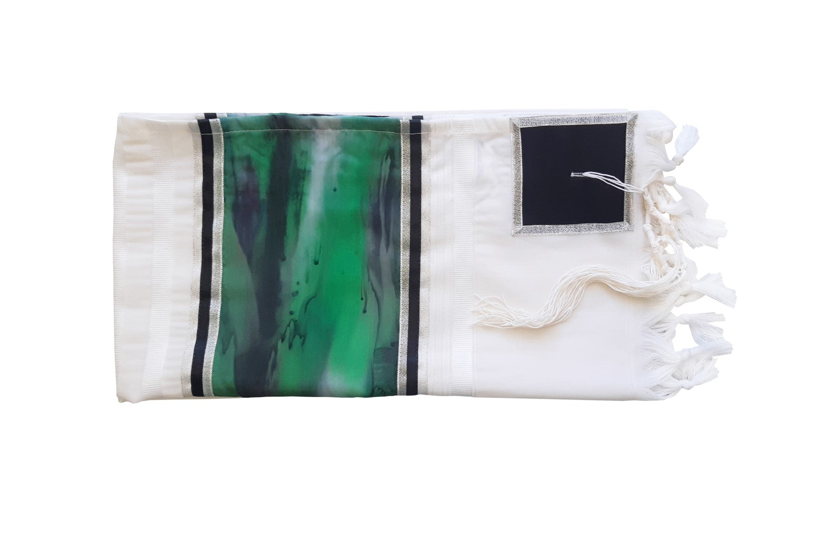 Hand-Painted Green Marble Silk on Wool Wedding Tallit Shawl – Perfect for Jewish Ceremonies, Bridal Gifts & Special Occasions