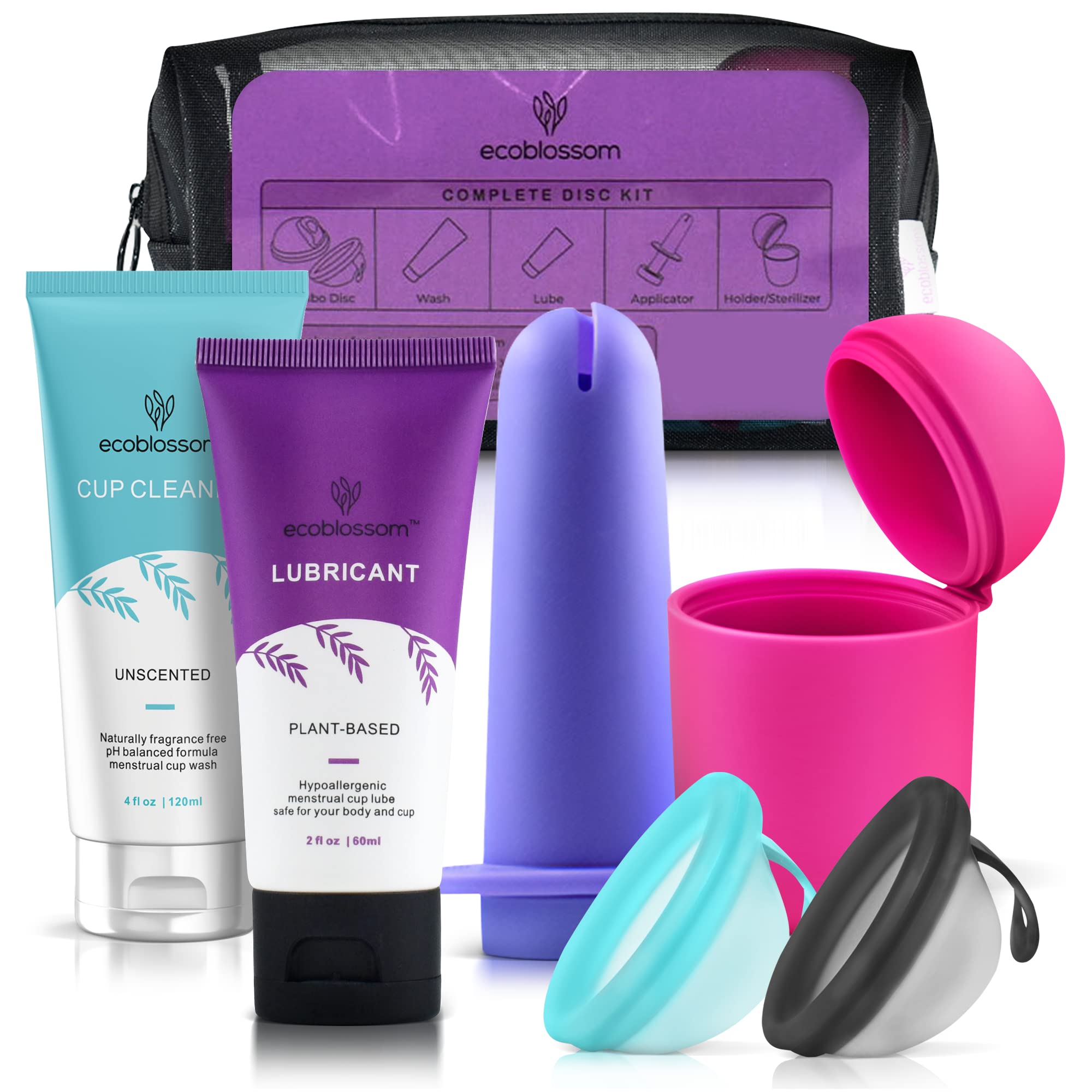 EcoBlossom Complete Reusable Menstrual Disc Kit - Small & Large Silicone Period Discs with Sterilizer Holder, Cleansing Wash, Water-Based Lube & Insert Applicator - All-in-One Feminine Hygiene Solution for Comfortable Period Protection at Home, Work or Travel