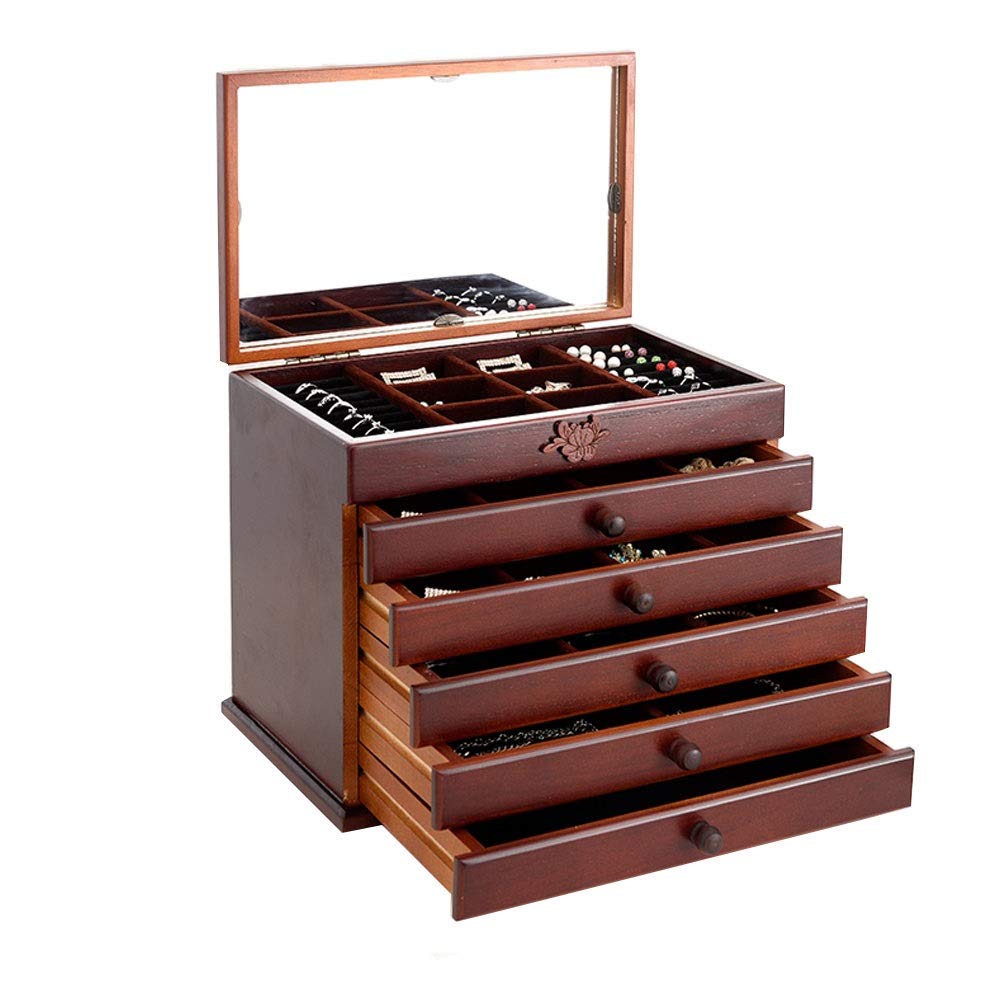 QTT Wooden Jewelry Box with Mirror & Velvet Lining - 6-Tier High Capacity Storage for Rings, Necklaces & Accessories | Antique Design with Drawer, Perfect Gift for Women | Ideal for Home, Travel & Organizing Jewelry Collections
