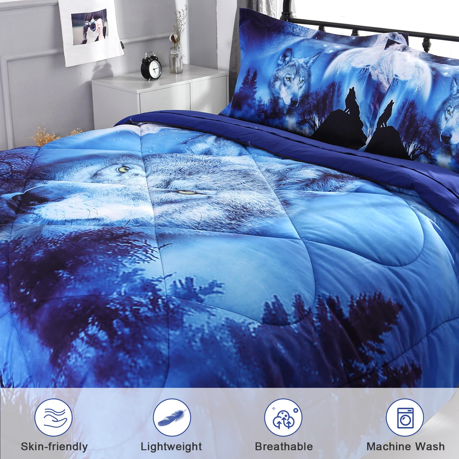 Wowelife 5-Piece Full Size Wolf Bedding Set - 3D Blue Kids Comforter with Breathable Comforter, Flat Sheet, Fitted Sheet & 2 Pillowcases | Perfect for Boys' Room, Teen Bedroom & Wildlife Themed Decor