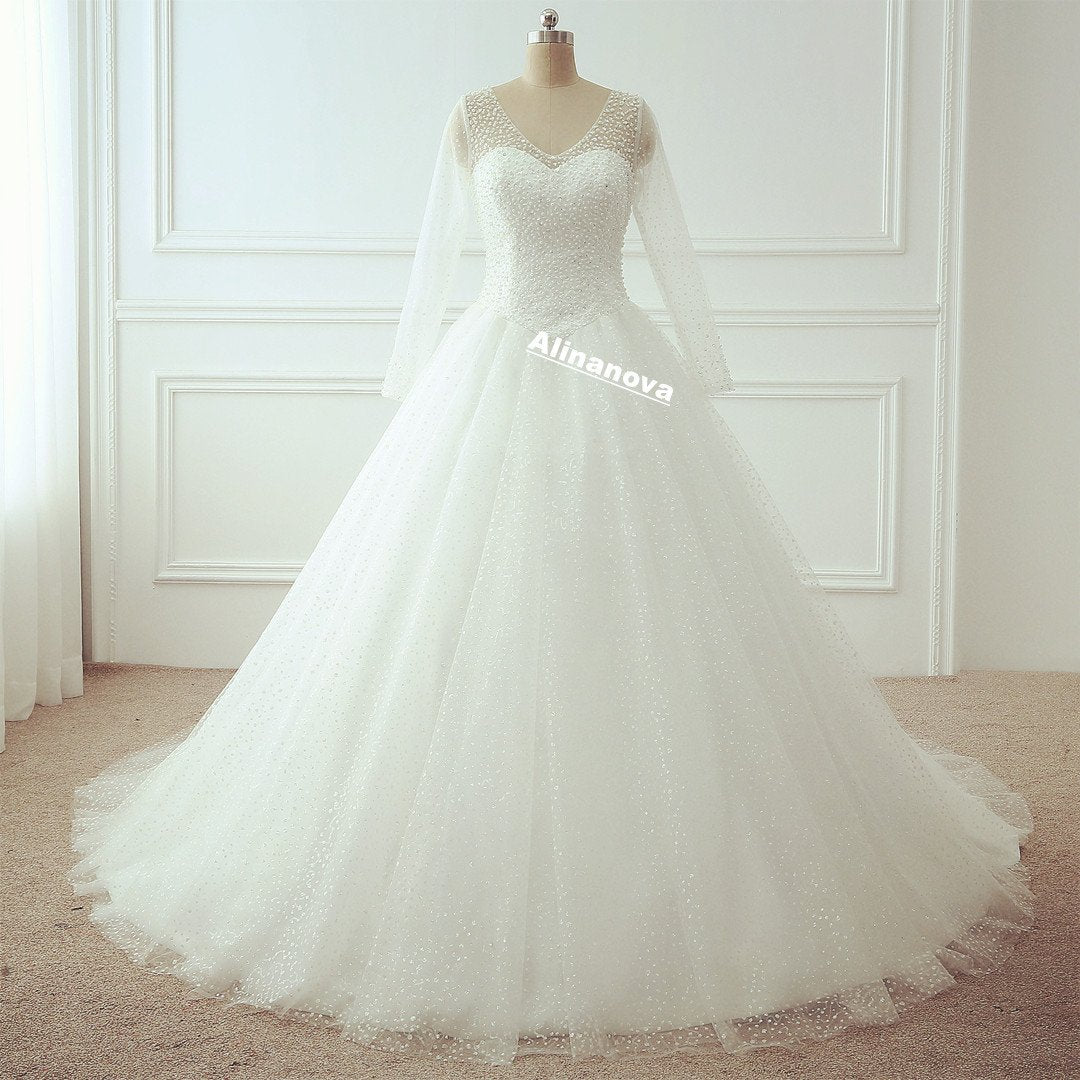 Sparkling Long Sleeve Wedding Dress Ball Gown with Pearl & Sequins Beading - Elegant Bridal Gown for Church, Formal Events & Winter Weddings
