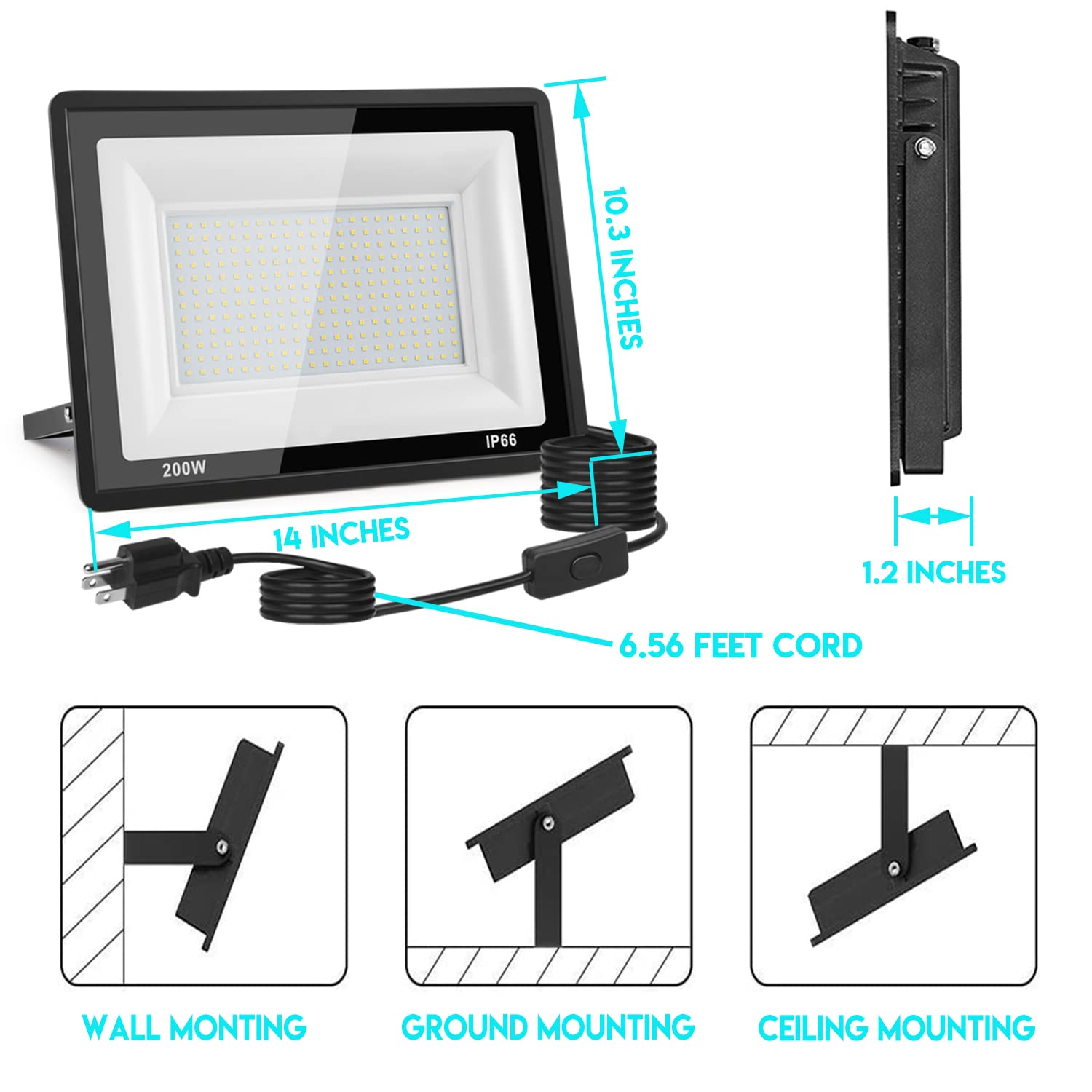 200W LED Flood Light Outdoor 3-Pack - 20000LM High Brightness Waterproof Work Light with Plug & Switch - IP66 Security Lighting for Yard, Garage, Warehouse (5000K Daylight White) - Perfect for Construction Sites, Parking Lots & Emergency Lighting