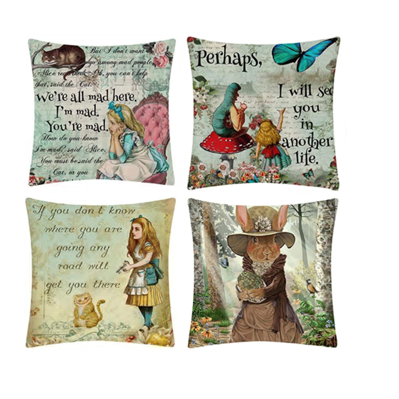 Alice in Wonderland Decorative Throw Pillow Covers Set of 4 - Vintage Cartoon Letters Print 18x18 Inch Soft Cushion Covers for Kids Room, Living Room Sofa & Outdoor Patio Decor (Green) - Perfect for Home Decor, Birthday Gifts and Tea Party Themes
