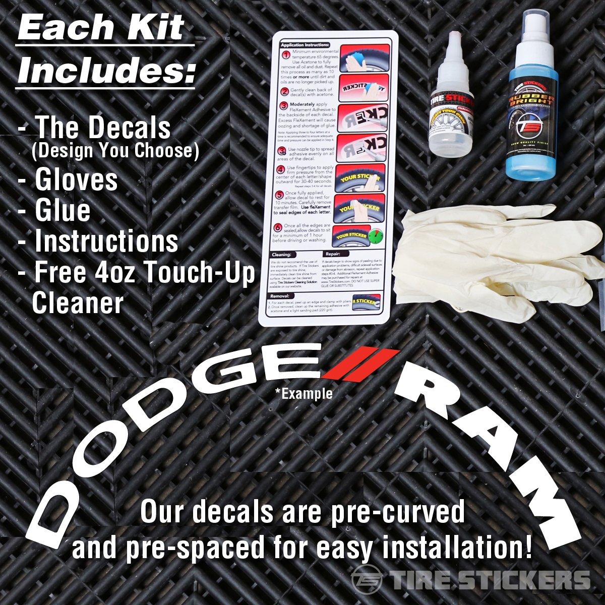 Dodge RAM Truck Tire Lettering Kit - Permanent DIY Rubber Stickers with 2oz Touch-Up Cleaner for 18-21 Inch Wheels (1.5