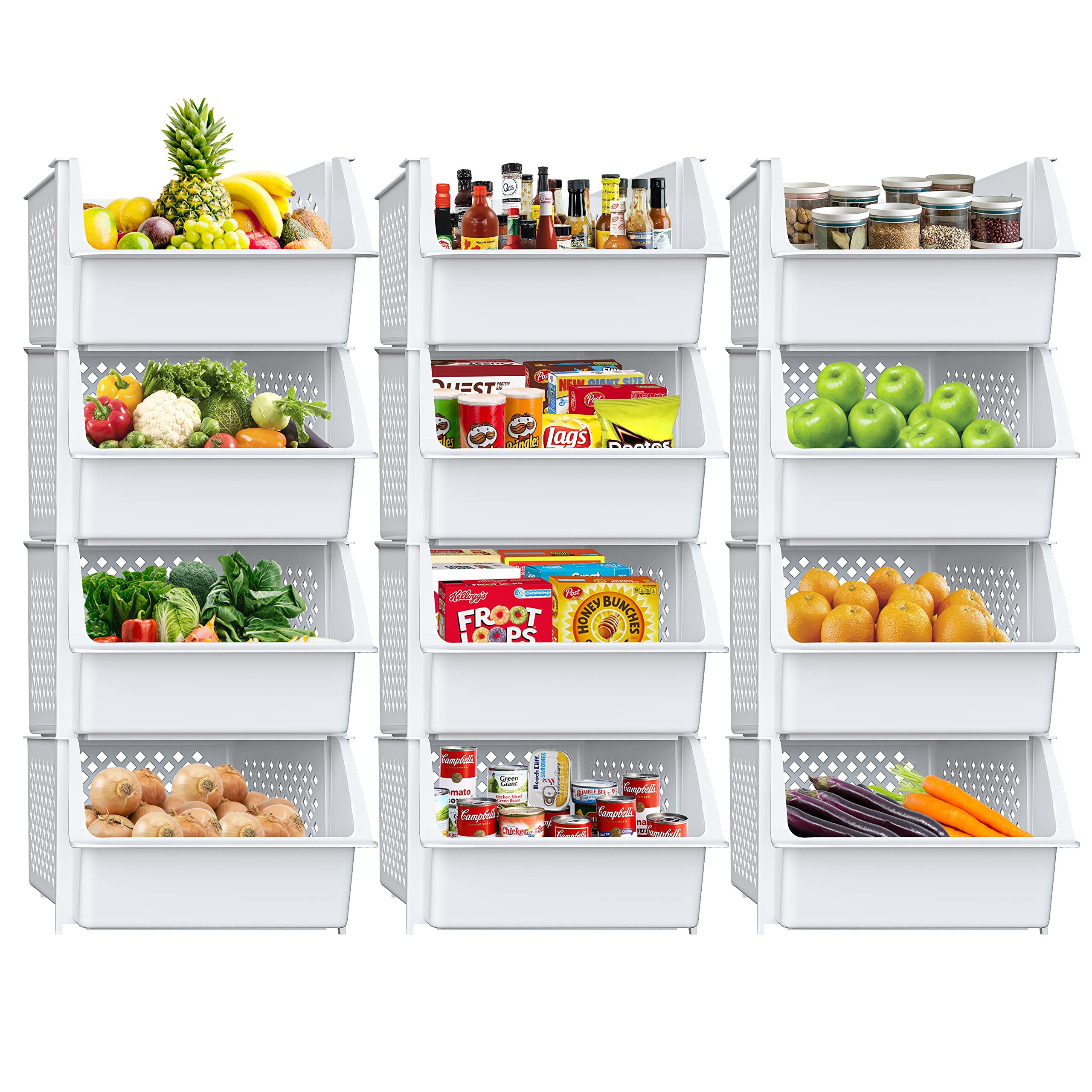 Skywin TidyFriend 12-Pack White Plastic Stackable Storage Bins - Organize Pantry, Kitchen & Bathroom Essentials - Space-Saving Storage Containers for Food, Spices & Toiletries | Perfect for Home, Office & Dorm Organization