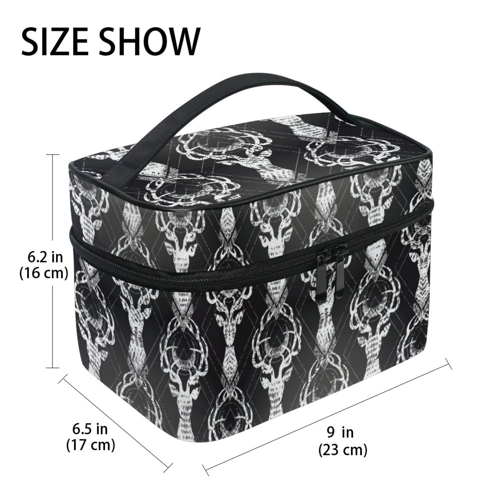 Deer Print Black Cosmetic Bag for Women - Waterproof Makeup Pouch & Toiletry Organizer with Zipper - Perfect for Travel, Gym, and Daily Essentials Storage