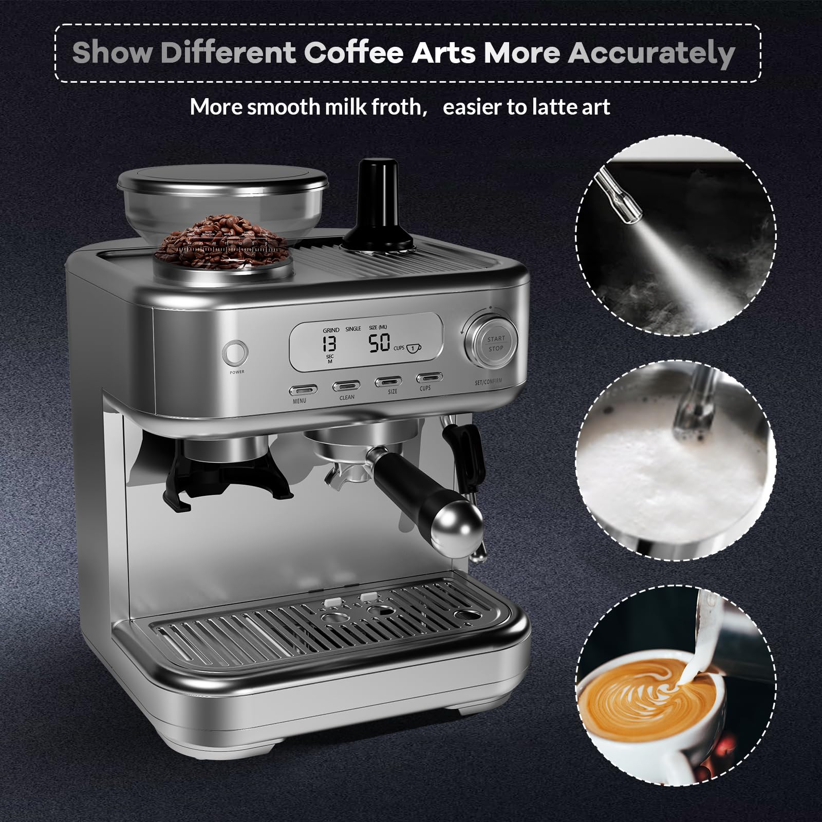 Professional 15 Bar Stainless Steel Espresso Machine with Built-in Grinder & Milk Frother - Semi-Automatic Coffee Maker for Espresso, Latte & Cappuccino - Perfect for Home, Office & Coffee Enthusiasts