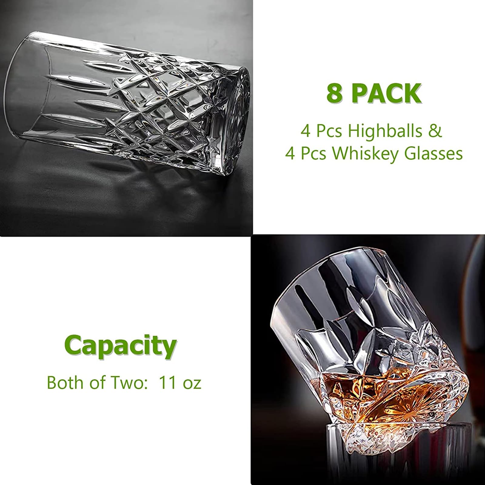 Premium 8-Piece Crystal Drinking Glass Set - 4 Old Fashioned 11oz Highball Glasses & 4 Whiskey Glasses - Elegant Barware for Cocktails, Bourbon, Scotch & Beverages - Perfect for Home Bars, Parties & Gifts
