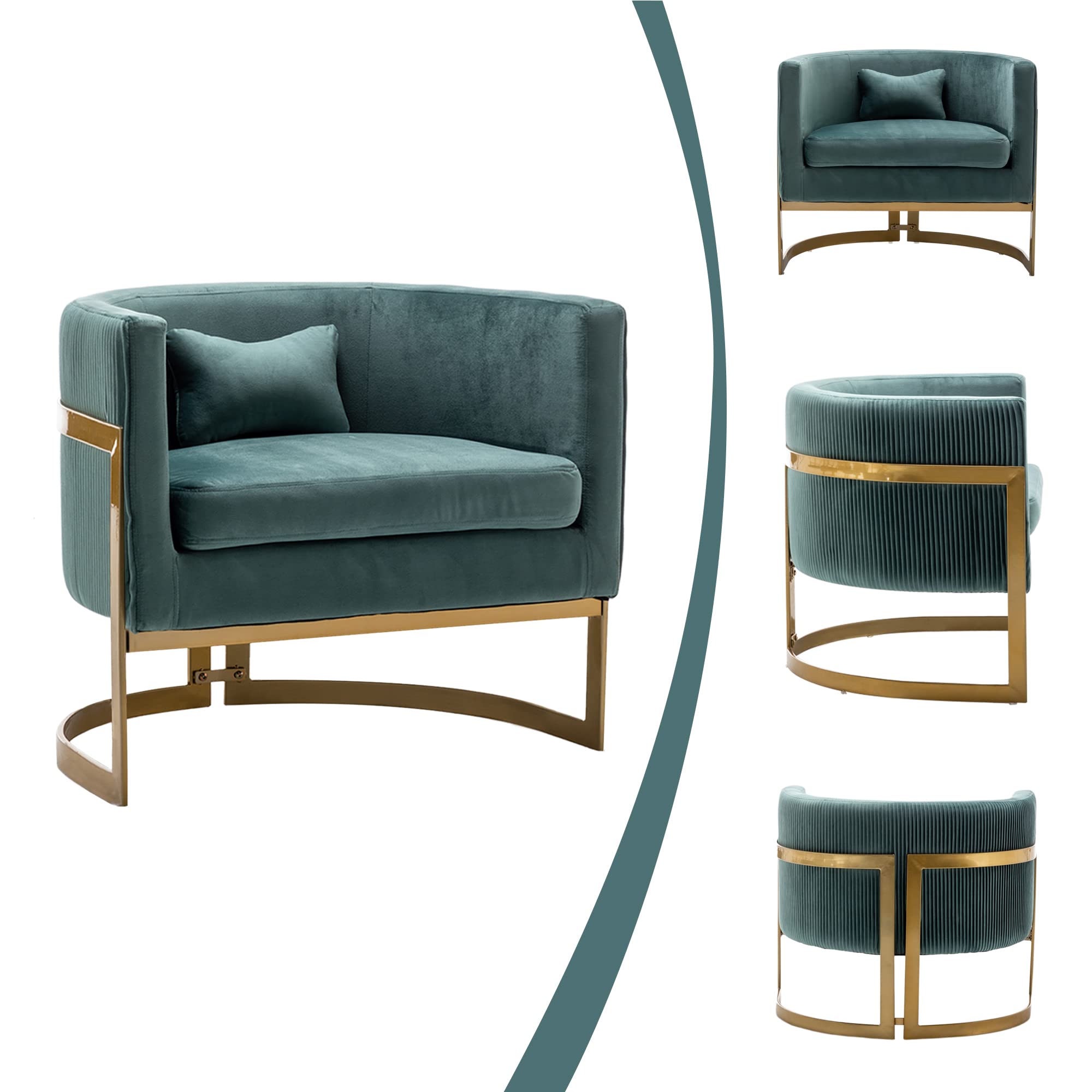 Velvet Accent Chair with Gold Legs - Modern Upholstered Armchair for Living Room, Bedroom & Office - Lake Blue Barrel Chair for Cozy Seating & Stylish Home Decor