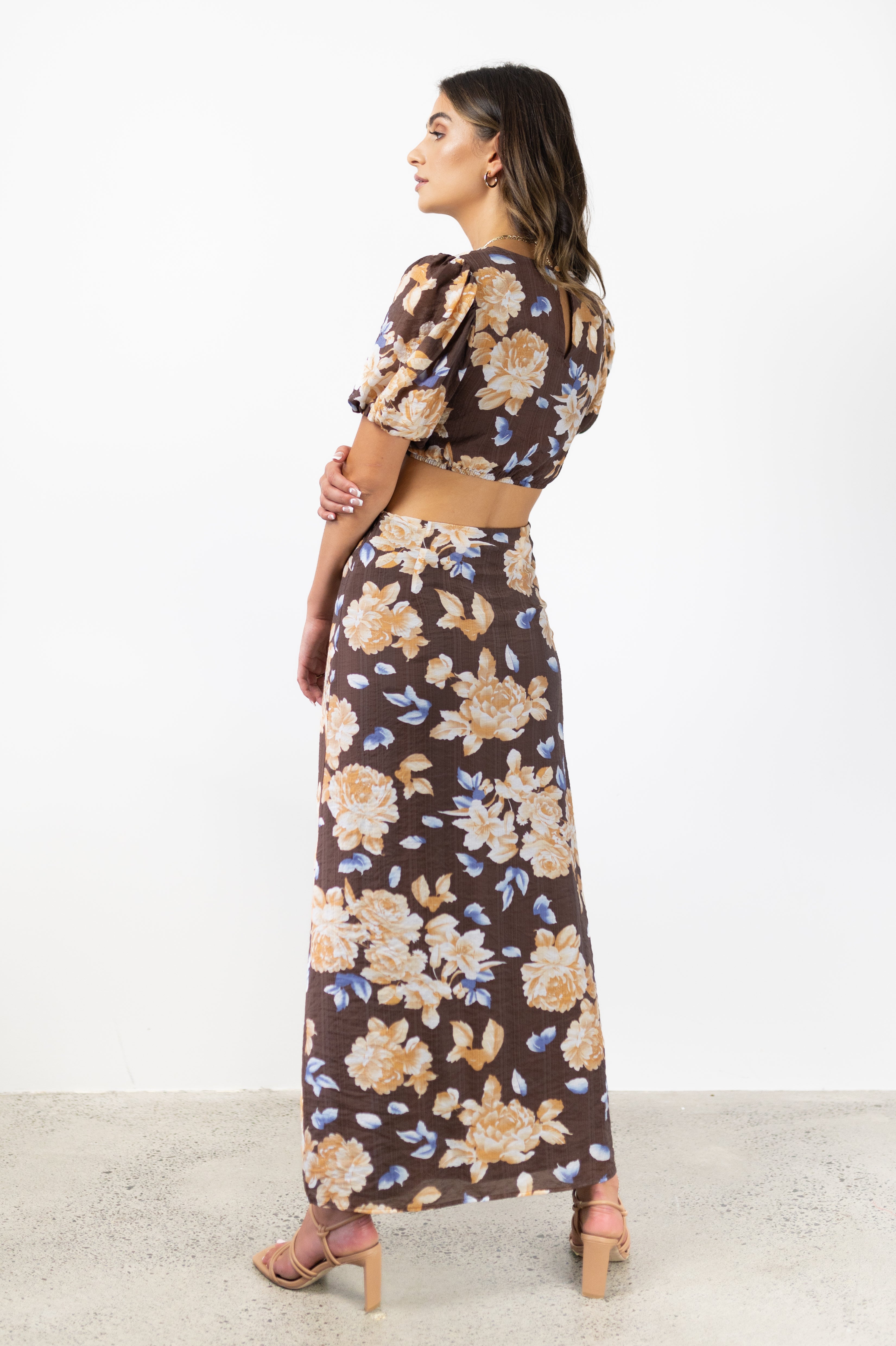 Breeze Chocolate Floral Puff Sleeve V-Neck Waist Cut Out Maxi Dress for Women - Perfect for Summer Beach Vacations, Date Nights & Boho Parties