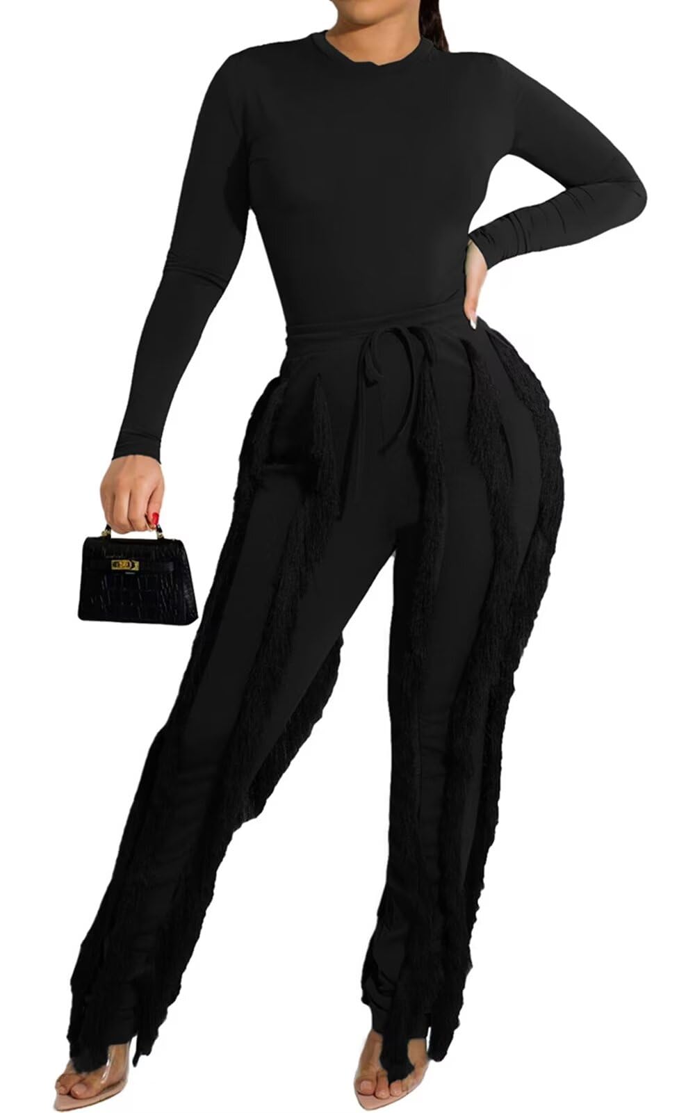 EDITCOZY Women's Sexy Two Piece Outfits with Fringe Pants & Long Sleeve Top - Clubwear, Birthday Party & Night Out Outfit for Women | Perfect for Clubbing, Date Night & Special Occasions