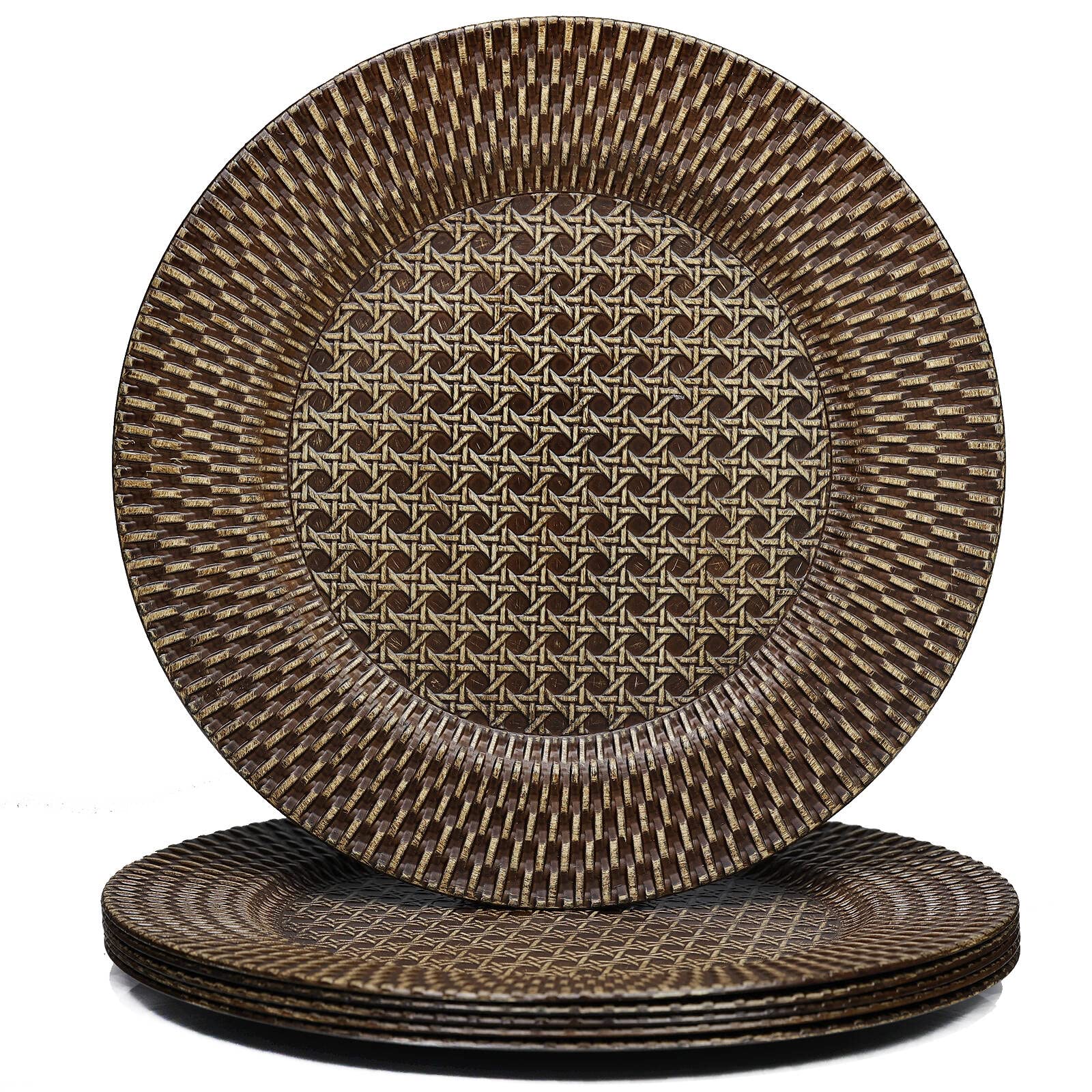 Rustic Faux Rattan Charger Plates - Set of 6 Elegant Round Plastic Plate Chargers for Dinner, Wedding, Party & Holiday Decor - Plaid Design for Farmhouse & Boho Table Settings