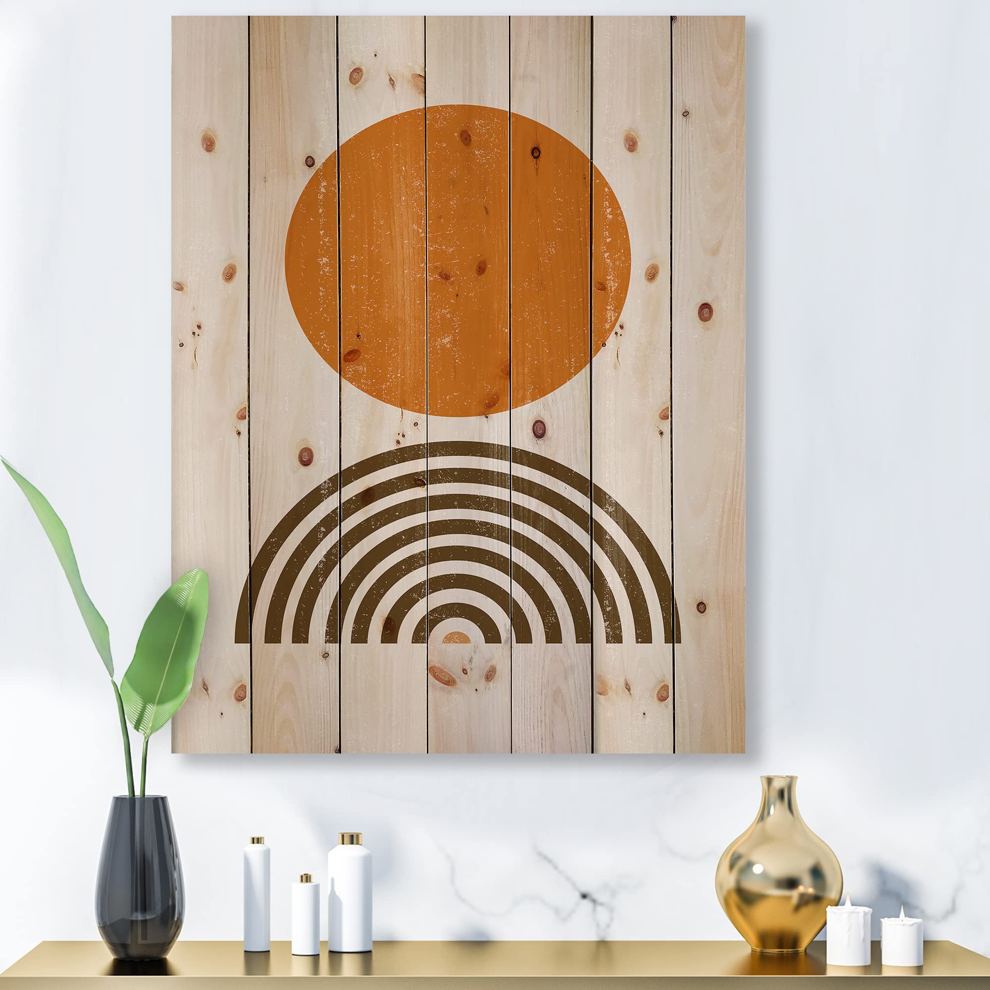 Abstract Minimal Orange Sun and Rainbow Wood Wall Art - Modern Contemporary Geometric Wall Decor Printed on Natural Pine - Perfect for Living Room, Bedroom, or Office Decor