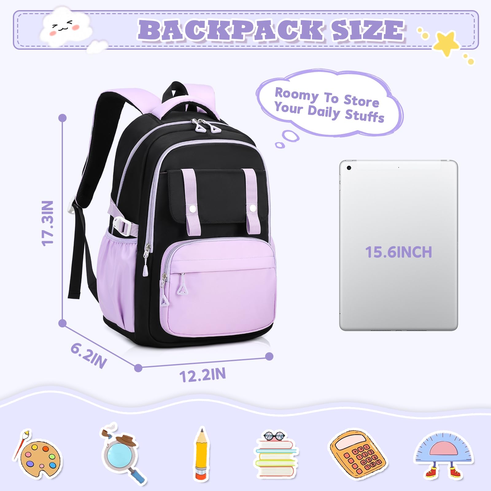 **Girls Backpack for Kindergarten, Elementary & Middle School - Large Capacity Kids Bookbag with Multiple Pockets (Black & Purple) - Perfect for School, Travel & Daily Use**