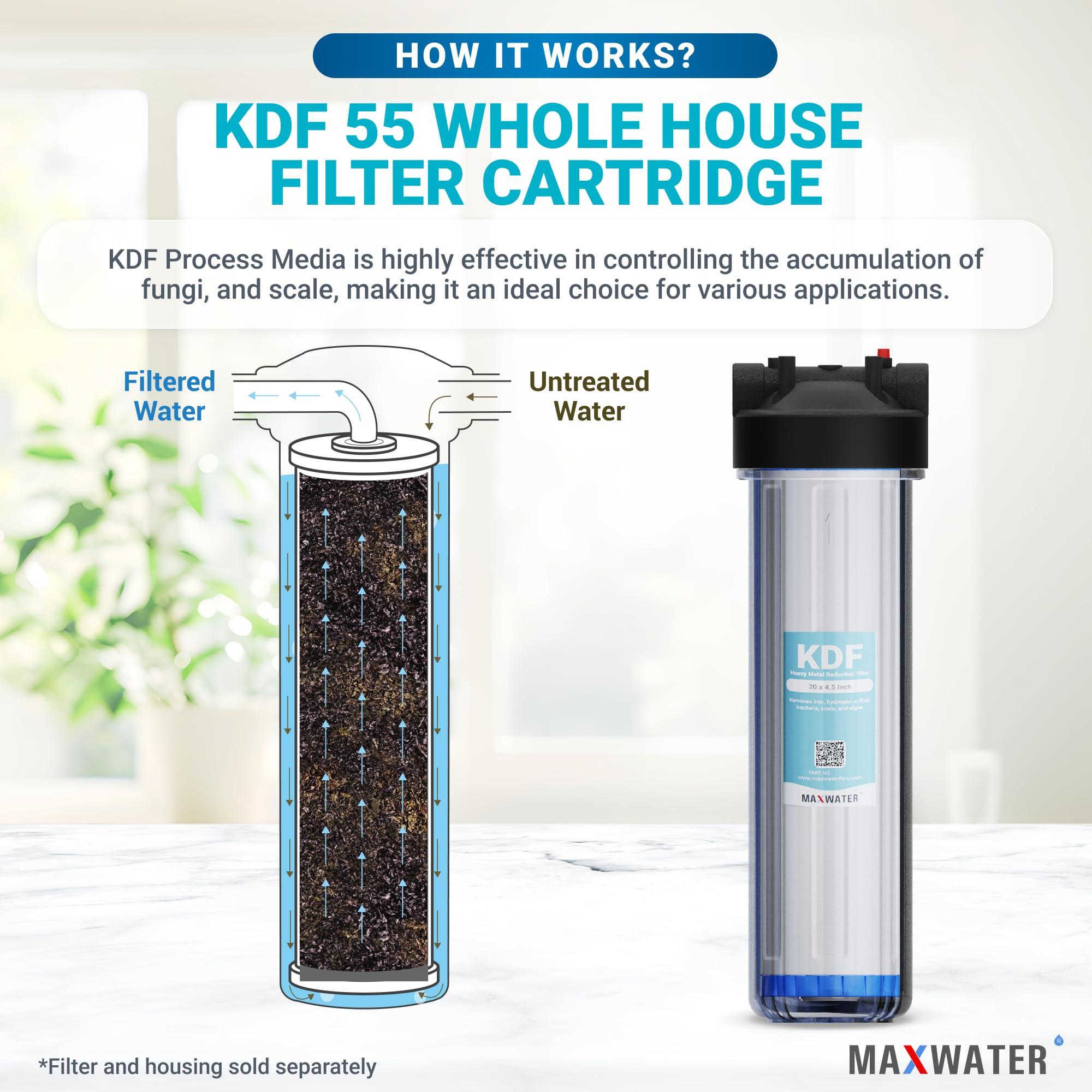 Max Water 20-Inch Heavy Metal Water Filter Cartridge - KDF 55 & GAC Carbon Filter (20