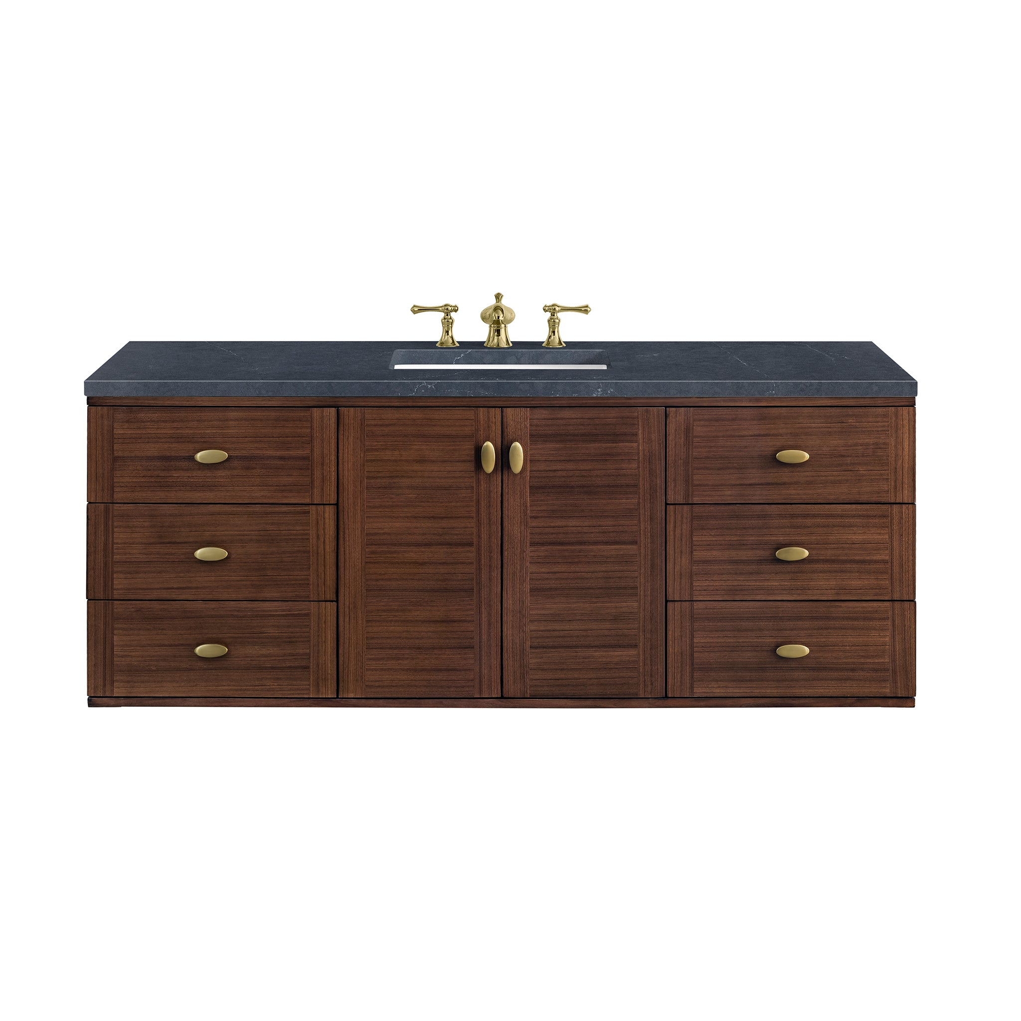 Amberly 60 Inch Single Bathroom Vanity with Mid-Century Walnut Finish & 3CM Charcoal Soapstone Top - Perfect for Modern and Vintage Bathroom Designs