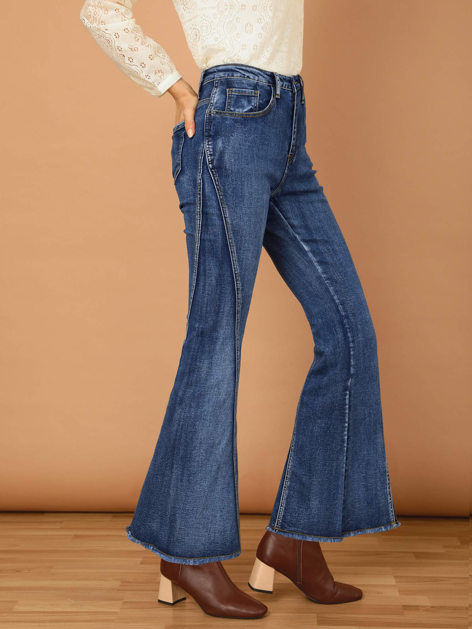Allegra K Women's High Waist Vintage 70s Flare Jeans - Stretch Denim Bell Bottom Pants for Retro & Boho Fashion Outfits