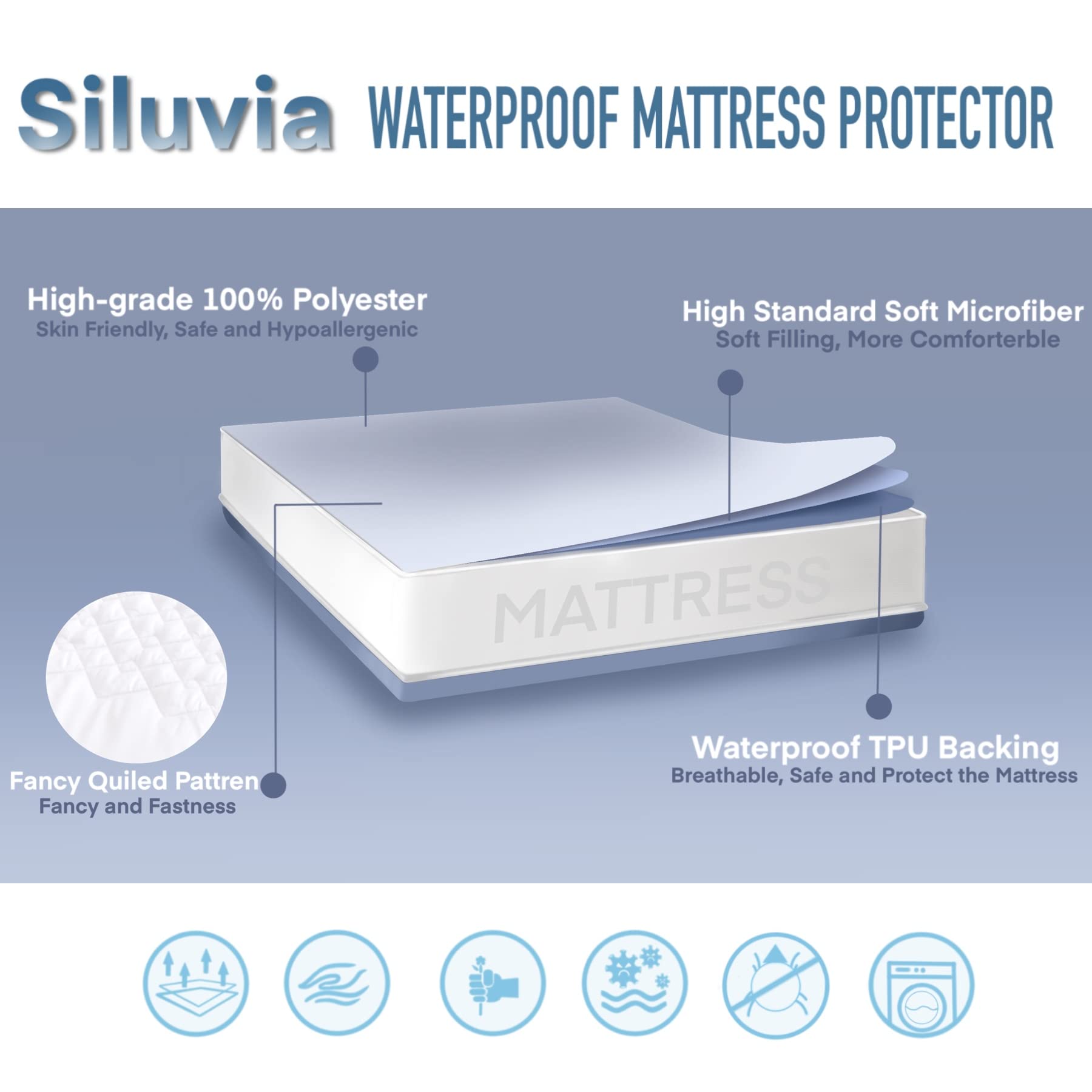 Siluvia Twin Size Waterproof Mattress Protector - Quilted Cooling Mattress Cover with Deep Pocket (8-21