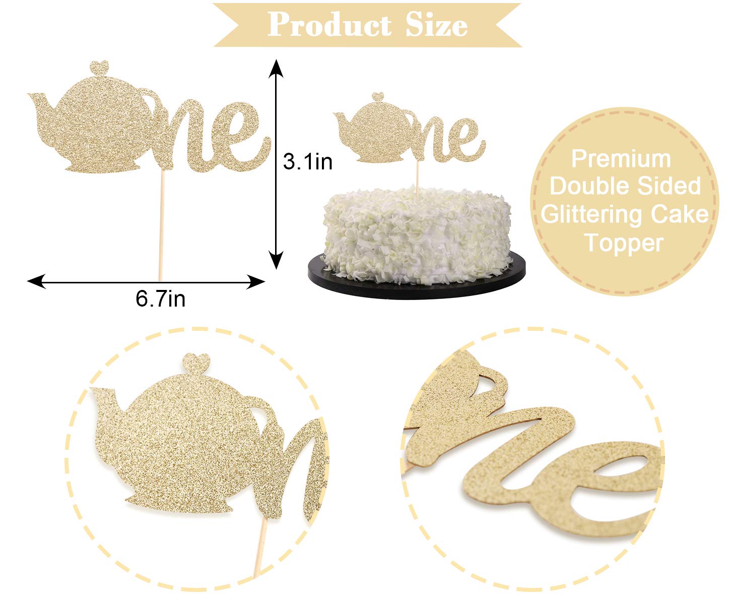 Sparkling Teapot Cake Topper for 1st Birthday Tea Party - Elegant Glitter Teacup Cake Decorations for Baby Girl's First Birthday, Baby Shower, and Tea Party Theme Celebrations