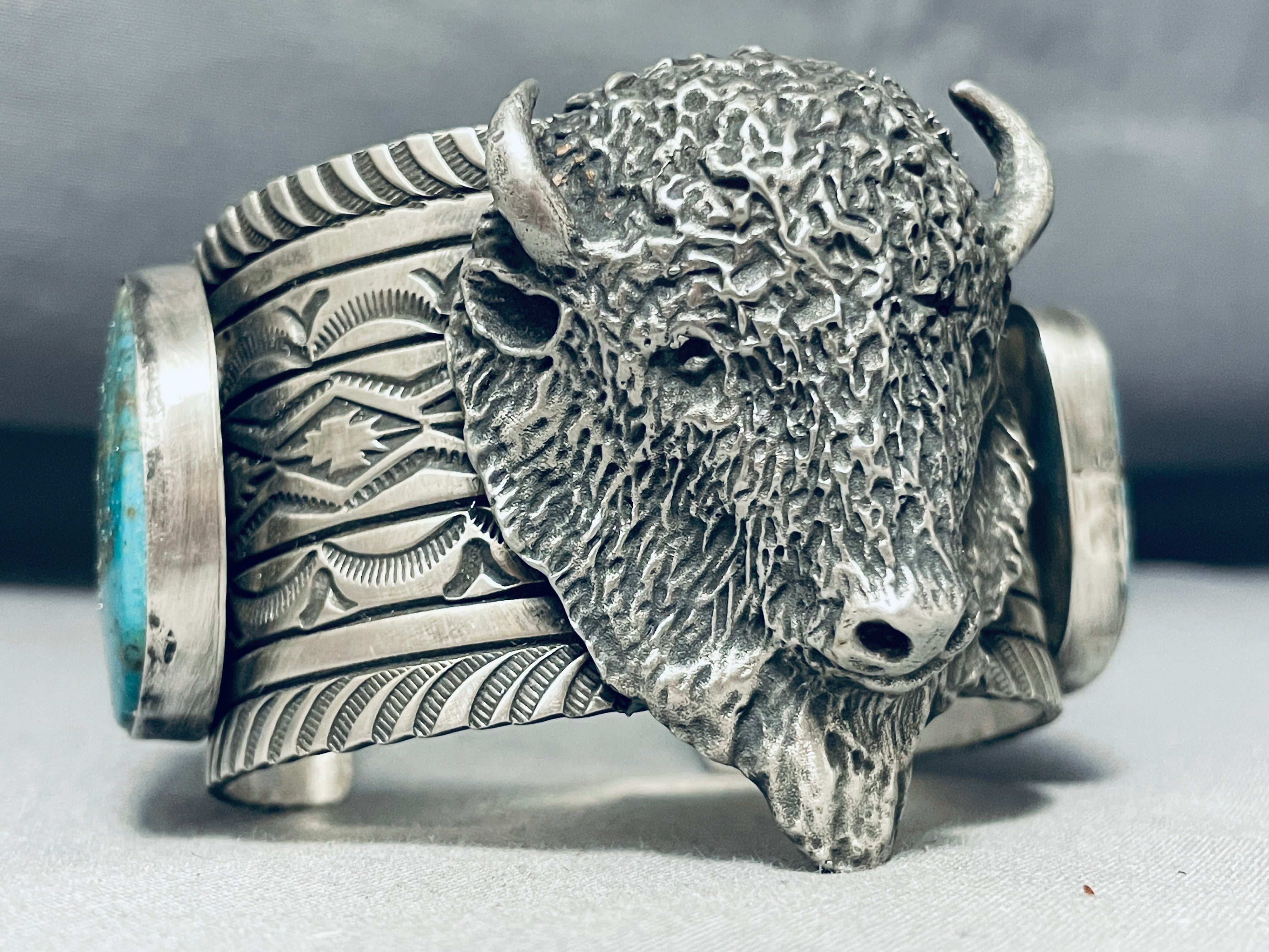 Authentic Navajo Sterling Silver Bison Bracelet with Genuine Turquoise (175g) - Handmade Native American Jewelry for Women, Boho Fashion Accessory, Perfect for Festivals & Spiritual Gifts