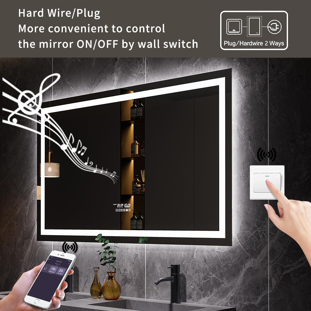 GESIPOR 40x32 Inch LED Bathroom Mirror with Wireless Speaker, Dimmable Backlit Vanity Mirror - Wall Mounted Anti-Fog Smart Mirror with 3000K/6000K Lighting for Makeup & Shaving (Horizontal) | Perfect for Modern Bathrooms, Dressing Rooms & Vanity Areas