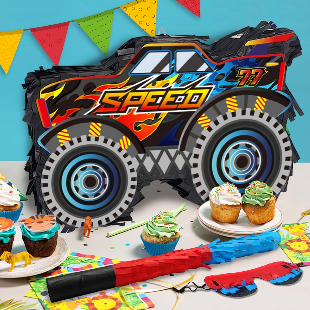 Monster Truck Pinata for Boys Birthday Party - Car Themed Pinata with Stick & Blindfold - Fun Party Supplies & Decorations for Kids, Truck Lovers - Perfect for Birthday Celebrations, Themed Parties & Special Events