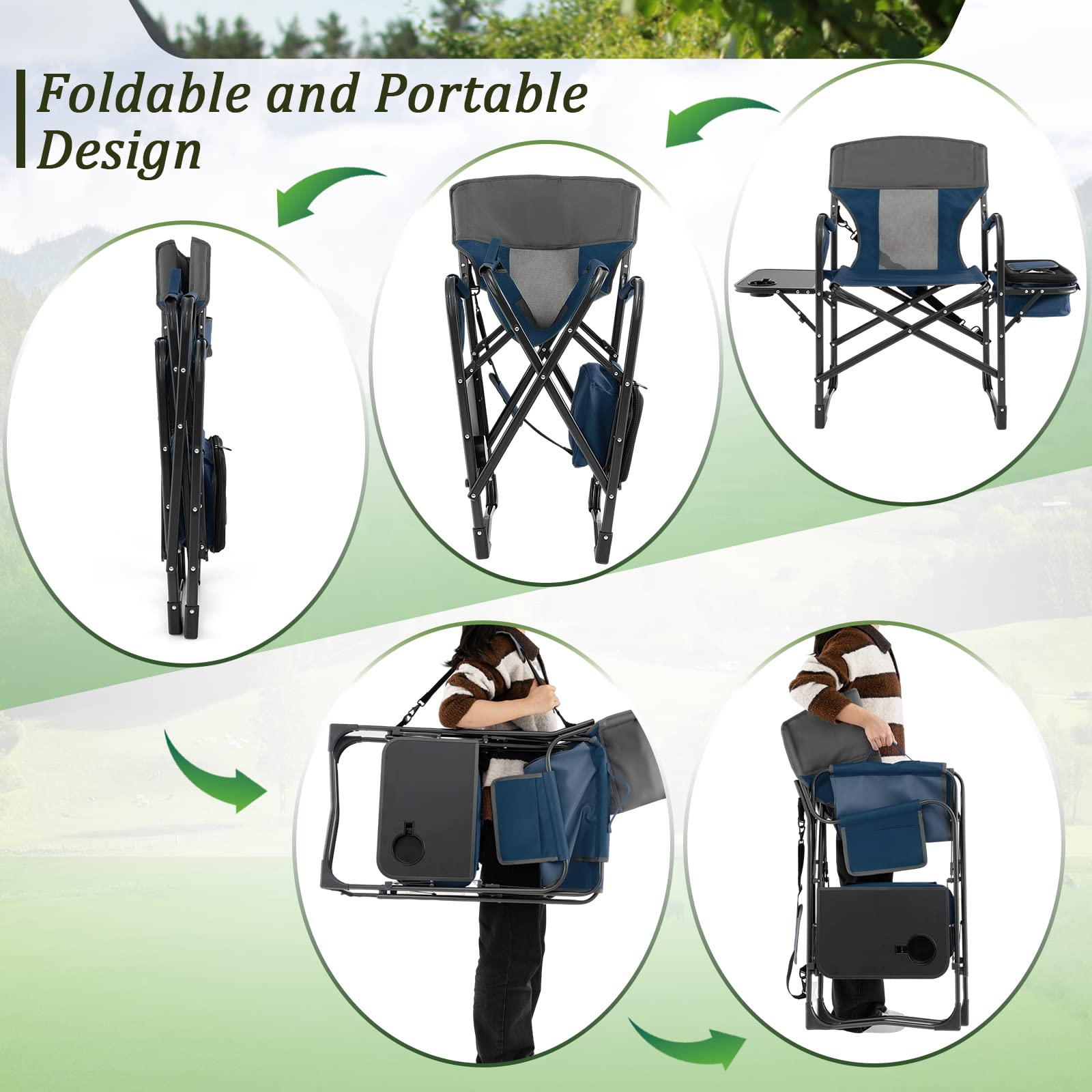 Giantex Heavy Duty Folding Camping Chair with Side Table & Cooler Bag - Portable Director Chair for Outdoor, Fishing, Picnic, Makeup & Artist Use - Supports 400 lbs - Blue
