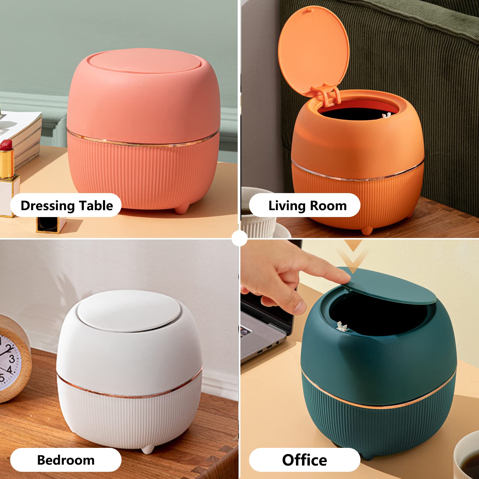 Modern Mini Trash Can with Lid - Small Press-Type Waste Basket for Office Desk, Kitchen Countertop, Coffee Table & Bathroom - Eco-Friendly Plastic Garbage Bin for Home & Office Use - Green